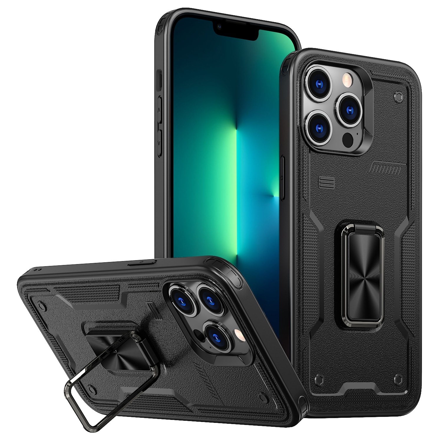 For iPhone 13 Pro Max Ring Holder PC Hybrid TPU Phone Case(Black) - Shopkiz.com