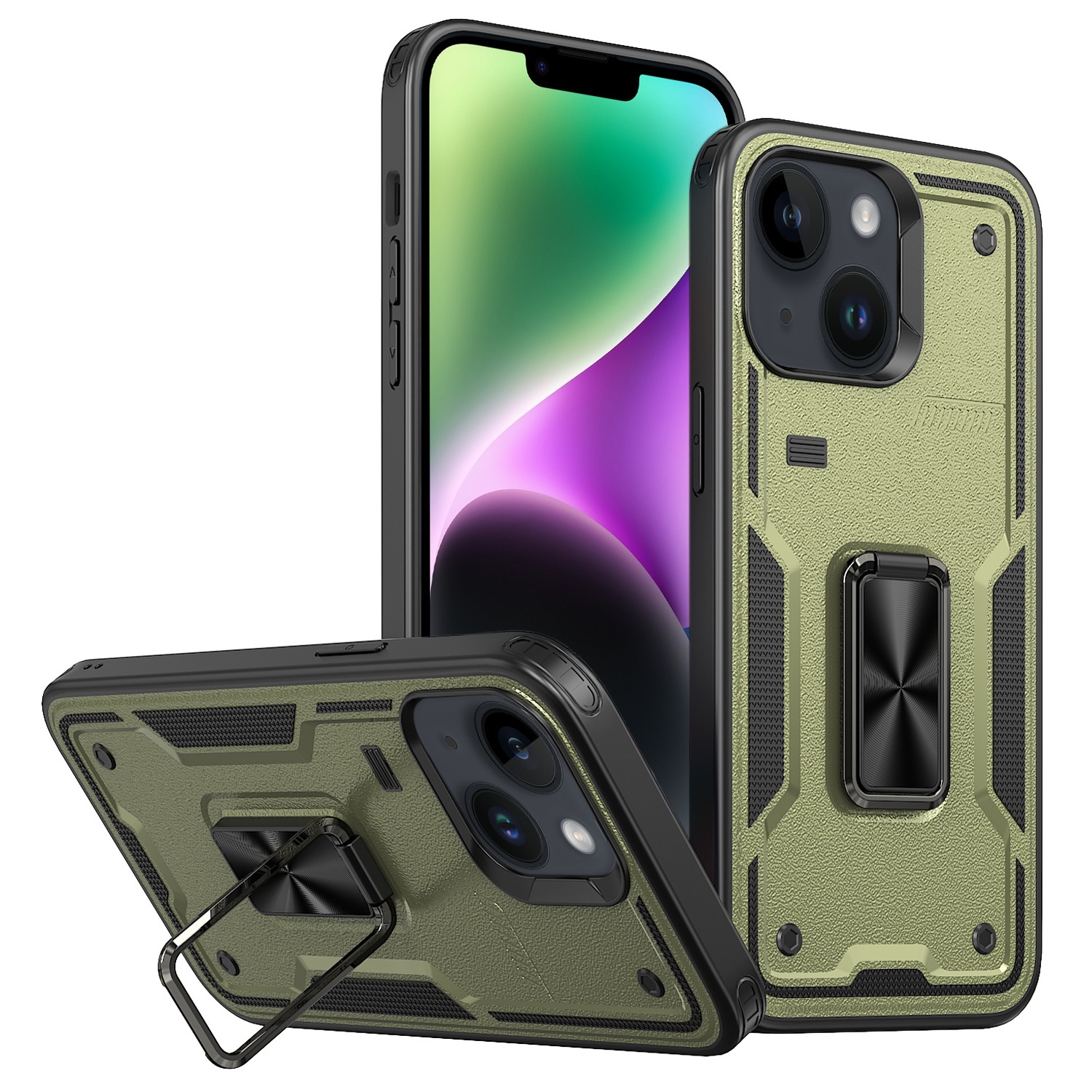 For iPhone 14 Plus Ring Holder PC Hybrid TPU Phone Case(Olive Green) - Shopkiz.com