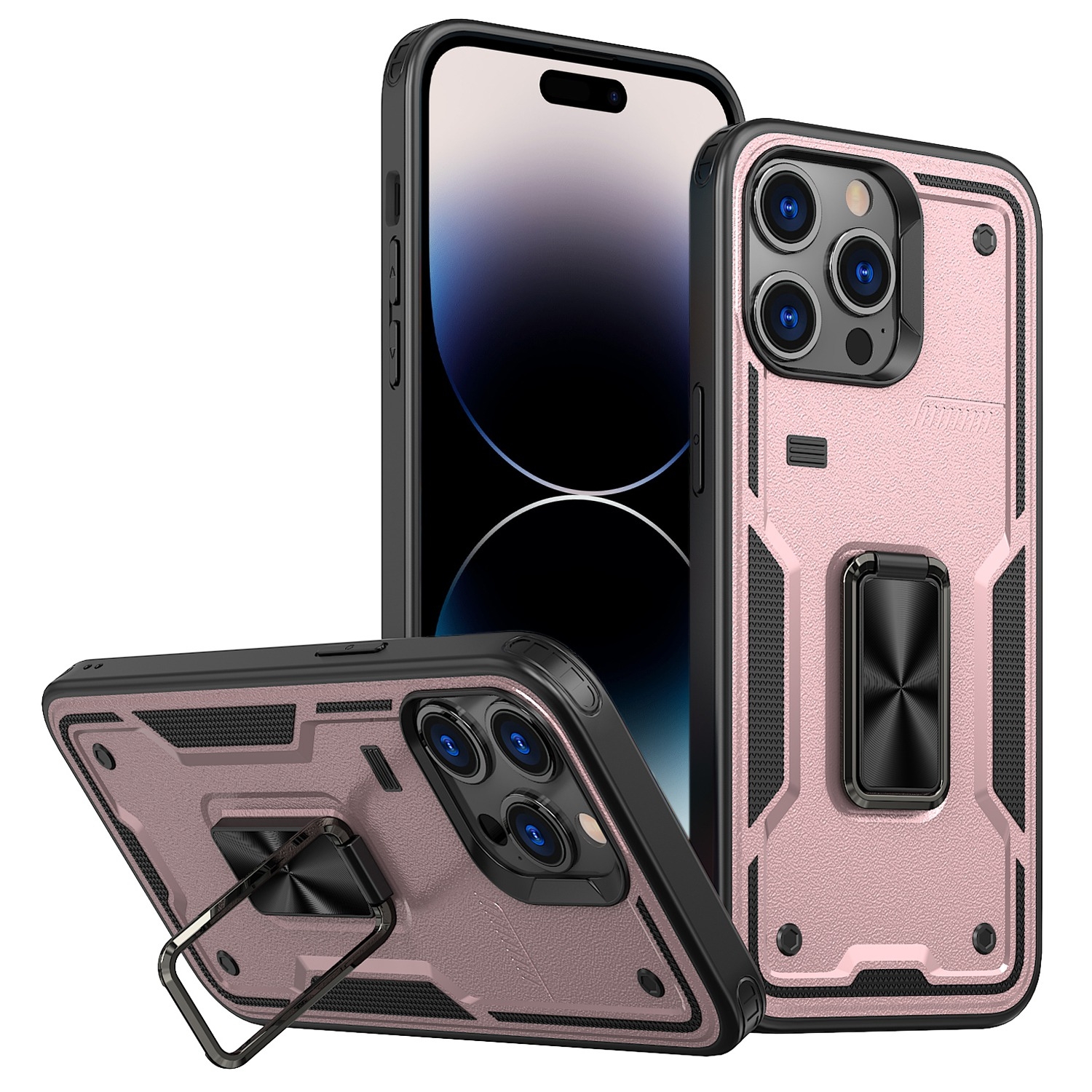 For iPhone 14 Pro Max Ring Holder PC Hybrid TPU Phone Case(Rose Gold) - Shopkiz.com