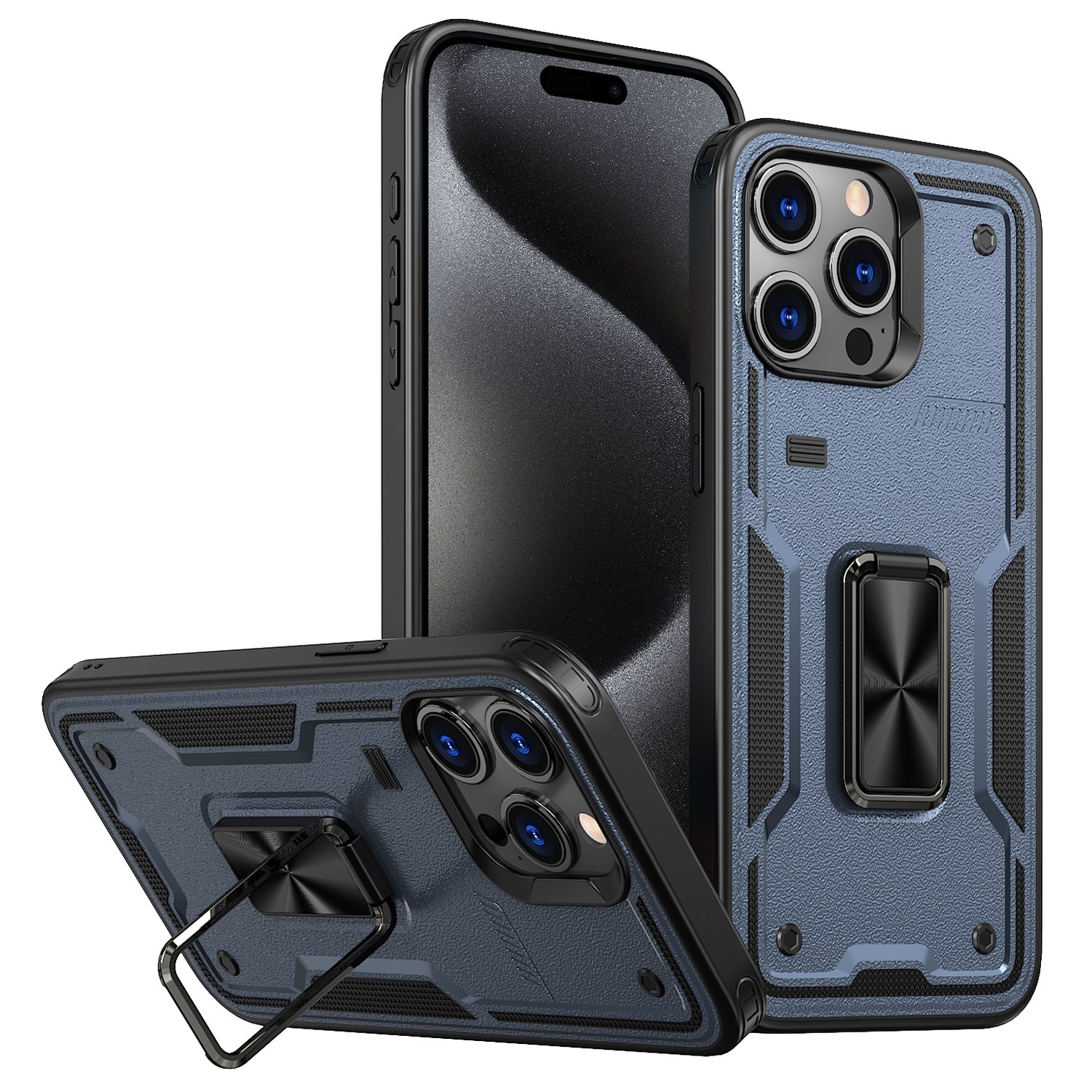 For iPhone 15 Pro Ring Holder PC Hybrid TPU Phone Case(Navy Blue) - Shopkiz.com