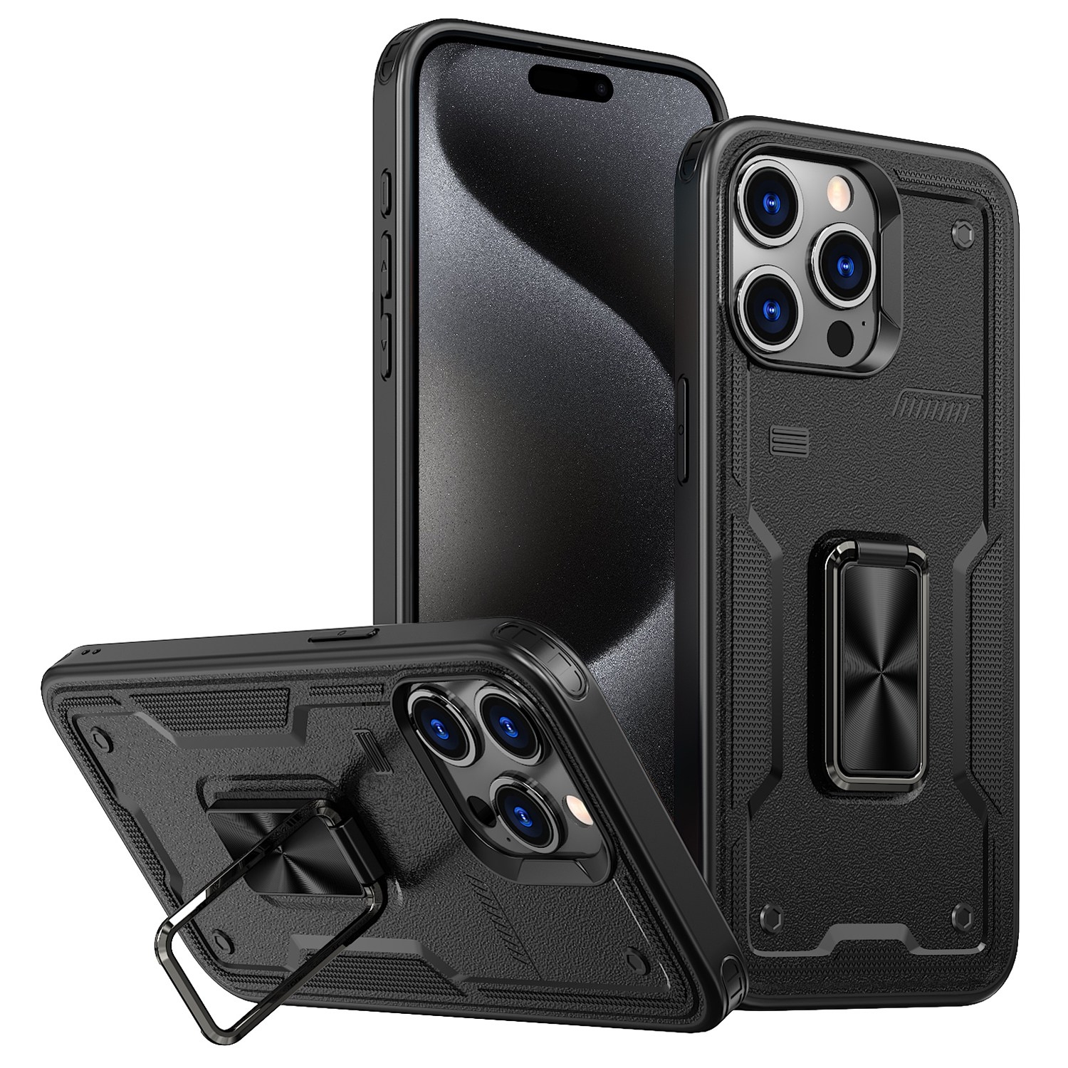 For iPhone 15 Pro Max Ring Holder PC Hybrid TPU Phone Case(Black) - Shopkiz.com