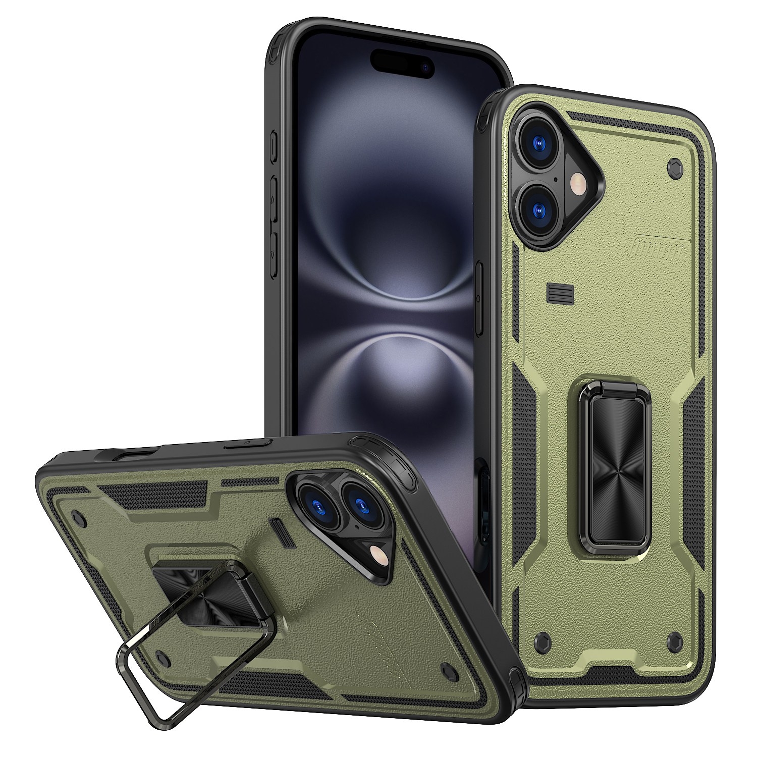 For iPhone 16 Ring Holder PC Hybrid TPU Phone Case(Olive Green) - Shopkiz.com