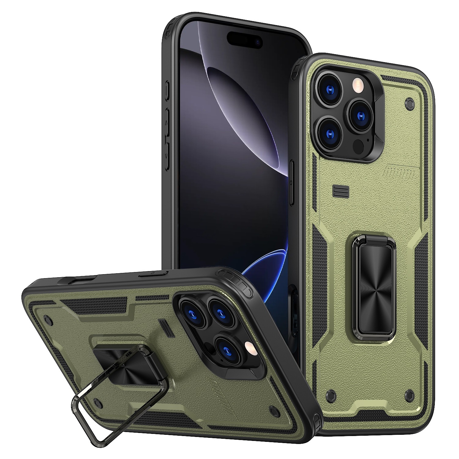 For iPhone 16 Pro Max Ring Holder PC Hybrid TPU Phone Case(Olive Green) - Shopkiz.com