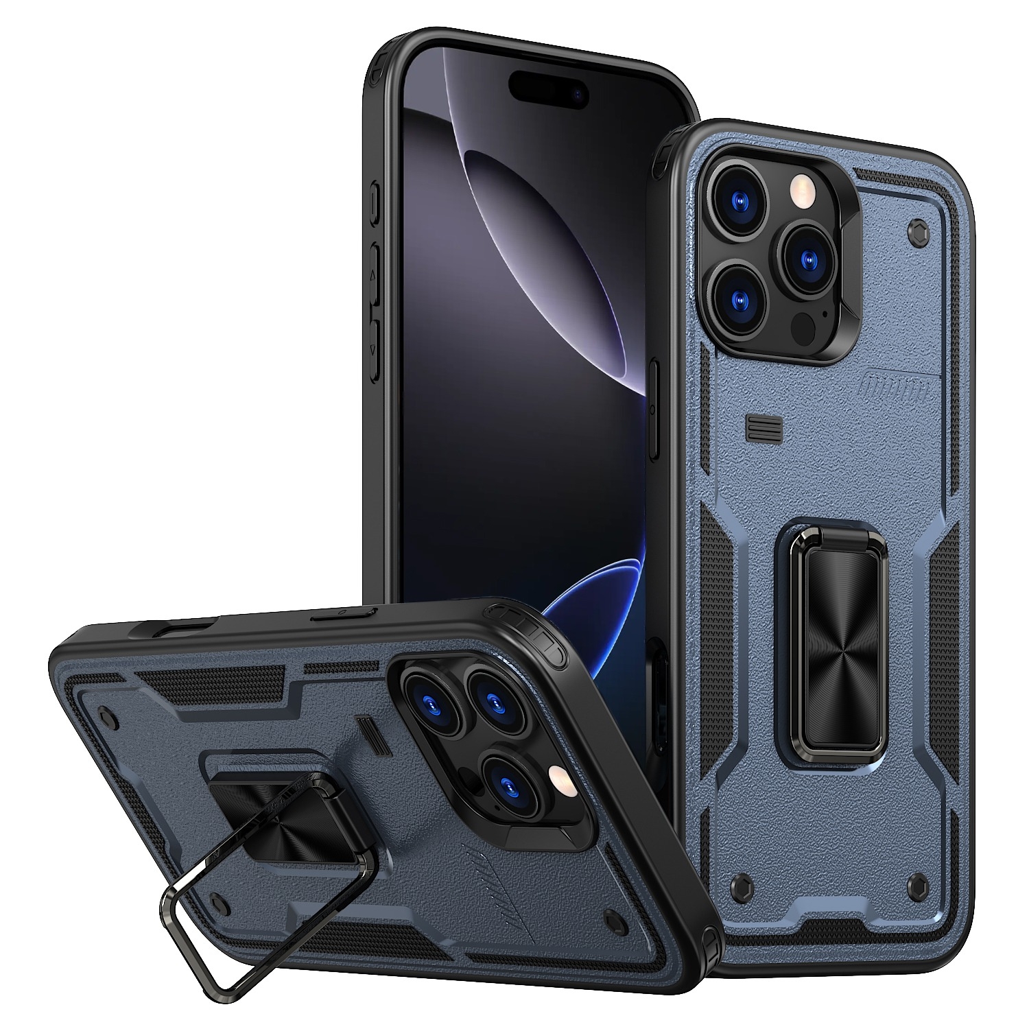 For iPhone 16 Pro Max Ring Holder PC Hybrid TPU Phone Case(Navy Blue) - Shopkiz.com