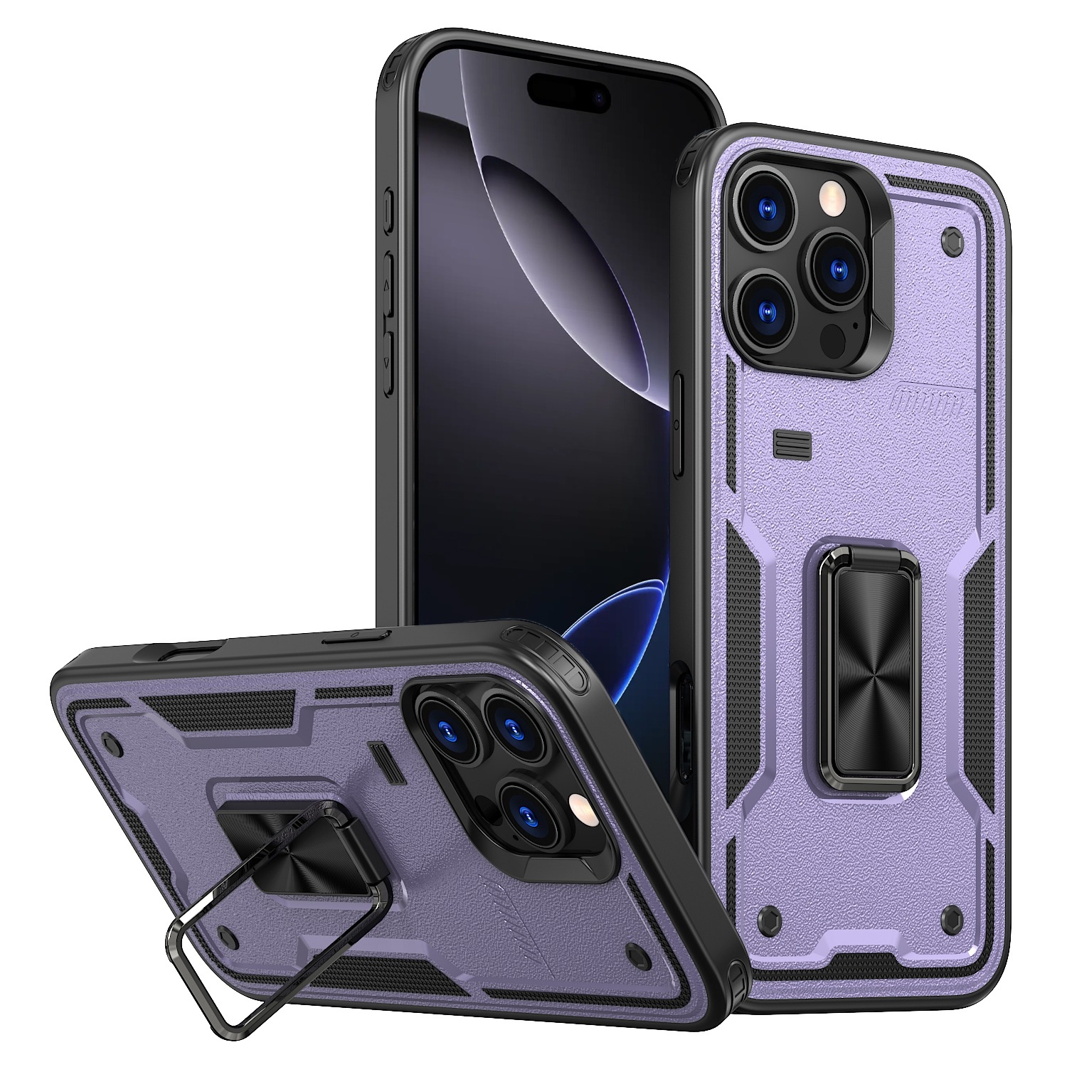 For iPhone 16 Pro Max Ring Holder PC Hybrid TPU Phone Case(Purple) - Shopkiz.com