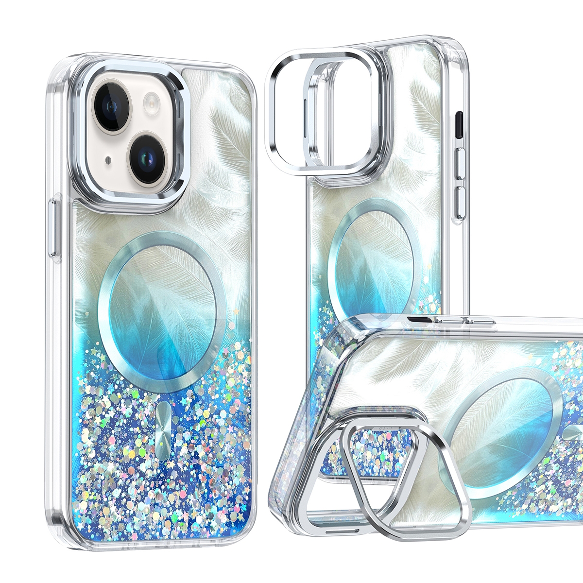 For iPhone 15 Plus Epoxy CD Texture Lens Holder MagSafe Phone Case(Light Blue) - Shopkiz.com