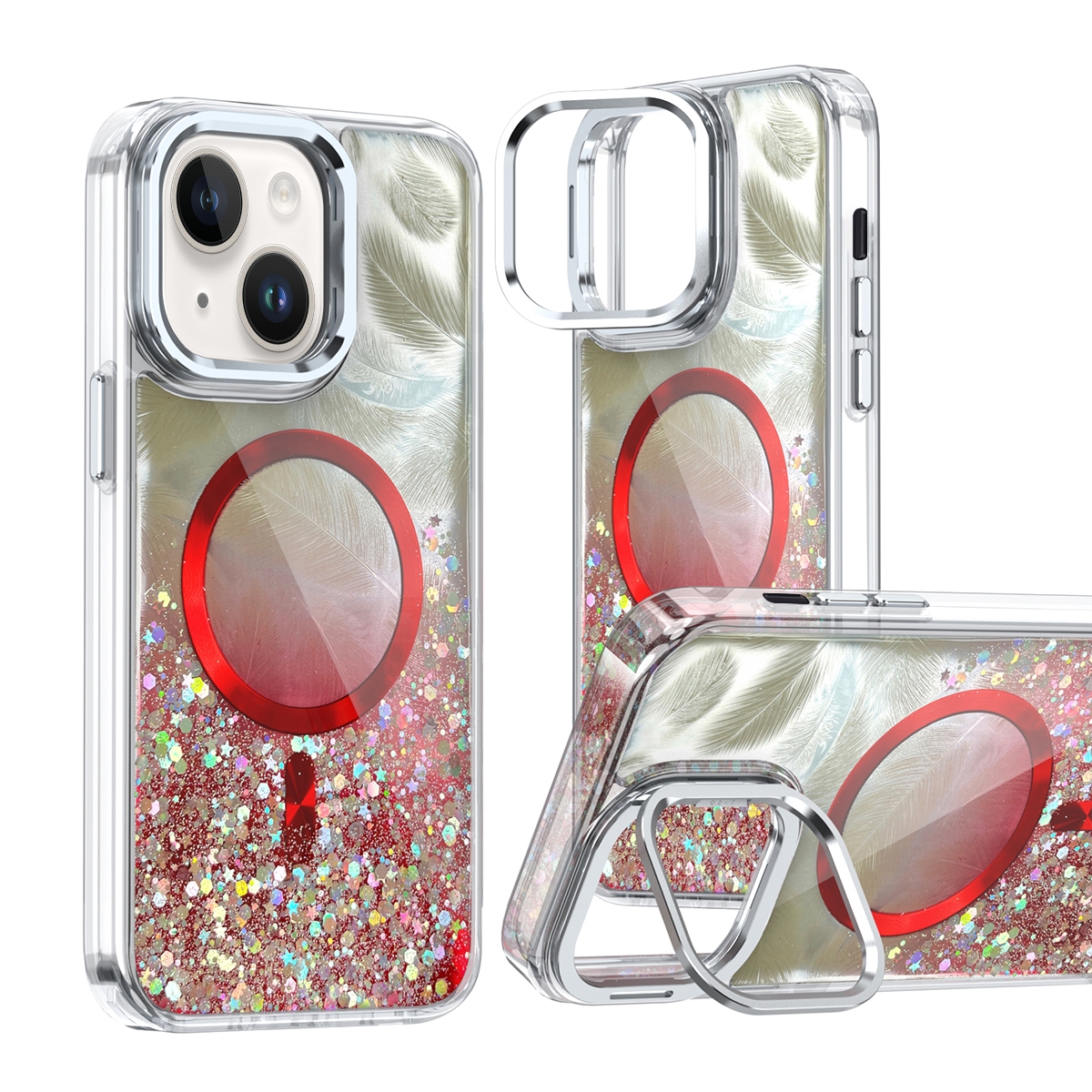 For iPhone 15 Epoxy CD Texture Lens Holder MagSafe Phone Case(Red) - Shopkiz.com