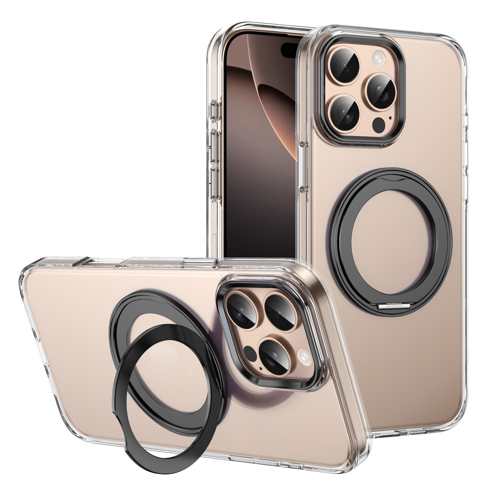 For iPhone 16 Pro Max Ice-Cold Rotating Ring Holder PC MagSafe Phone Case(Black) - Shopkiz.com