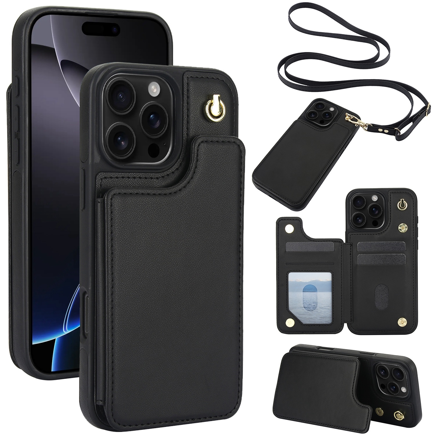 For iPhone 16 Pro Crossbody Dual-Buckle Wallet Back Leather Phone Case(Black) - Shopkiz.com