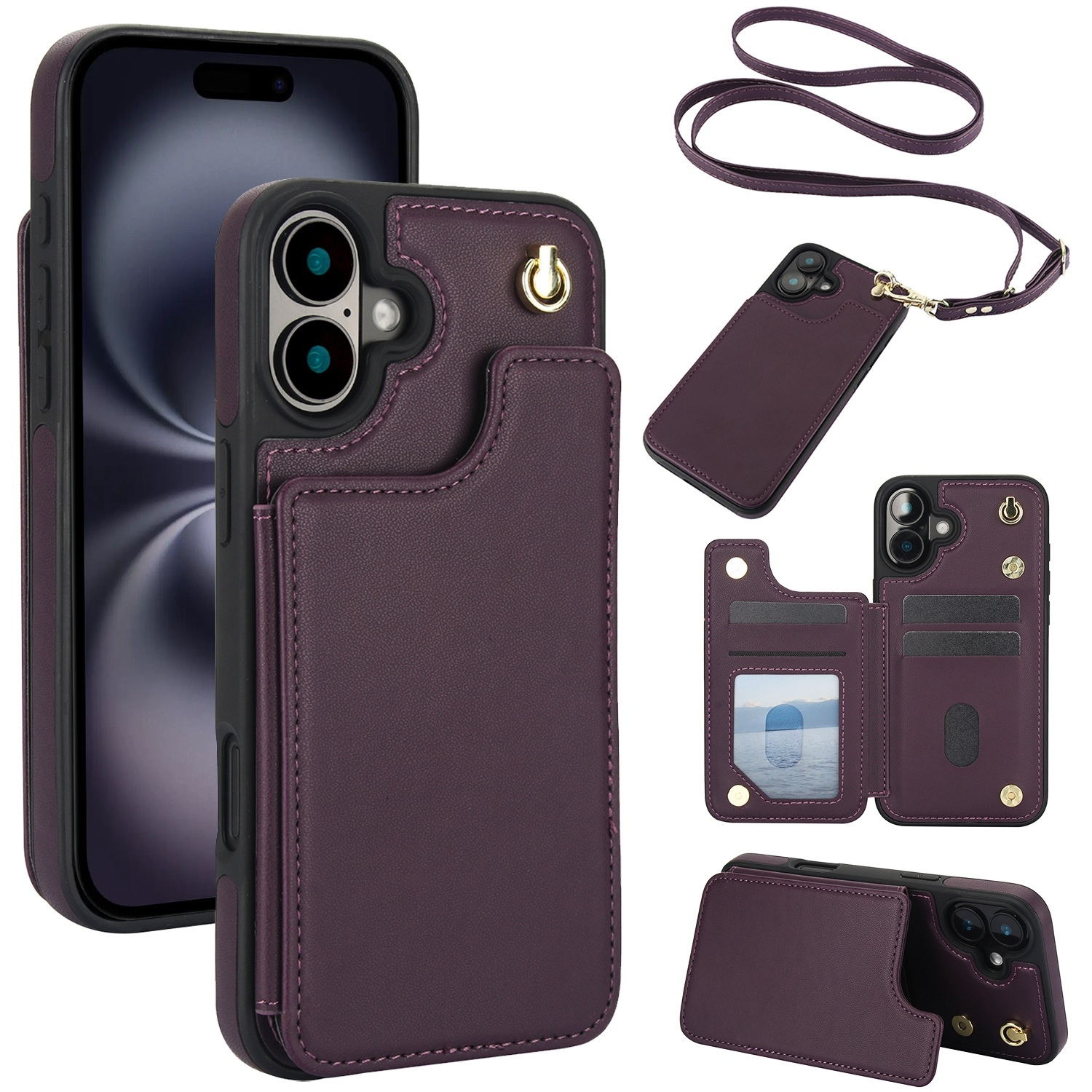 For iPhone 16 Plus Crossbody Dual-Buckle Wallet Back Leather Phone Case(Dark Purple) - Shopkiz.com
