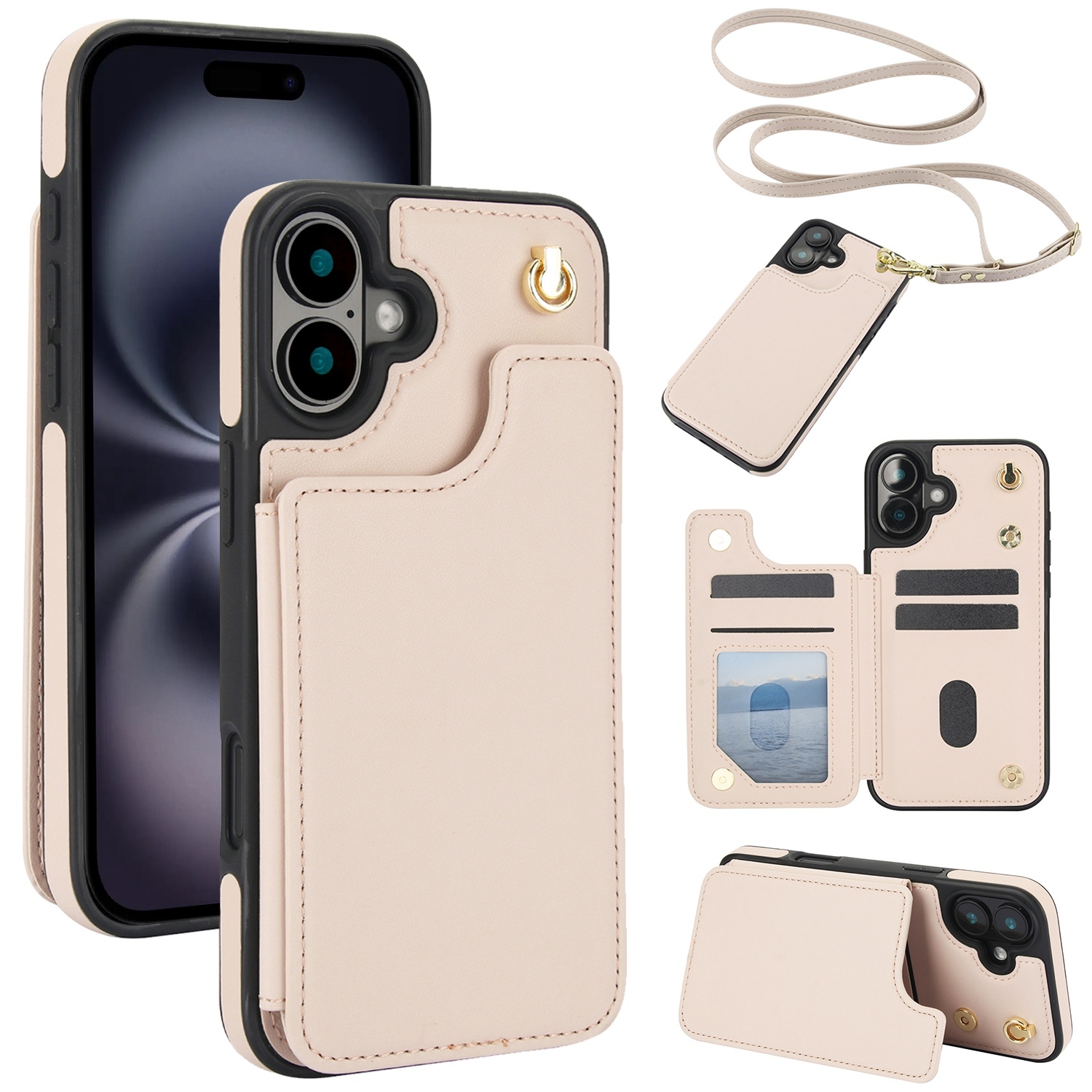For iPhone 16 Plus Crossbody Dual-Buckle Wallet Back Leather Phone Case(Apricot) - Shopkiz.com