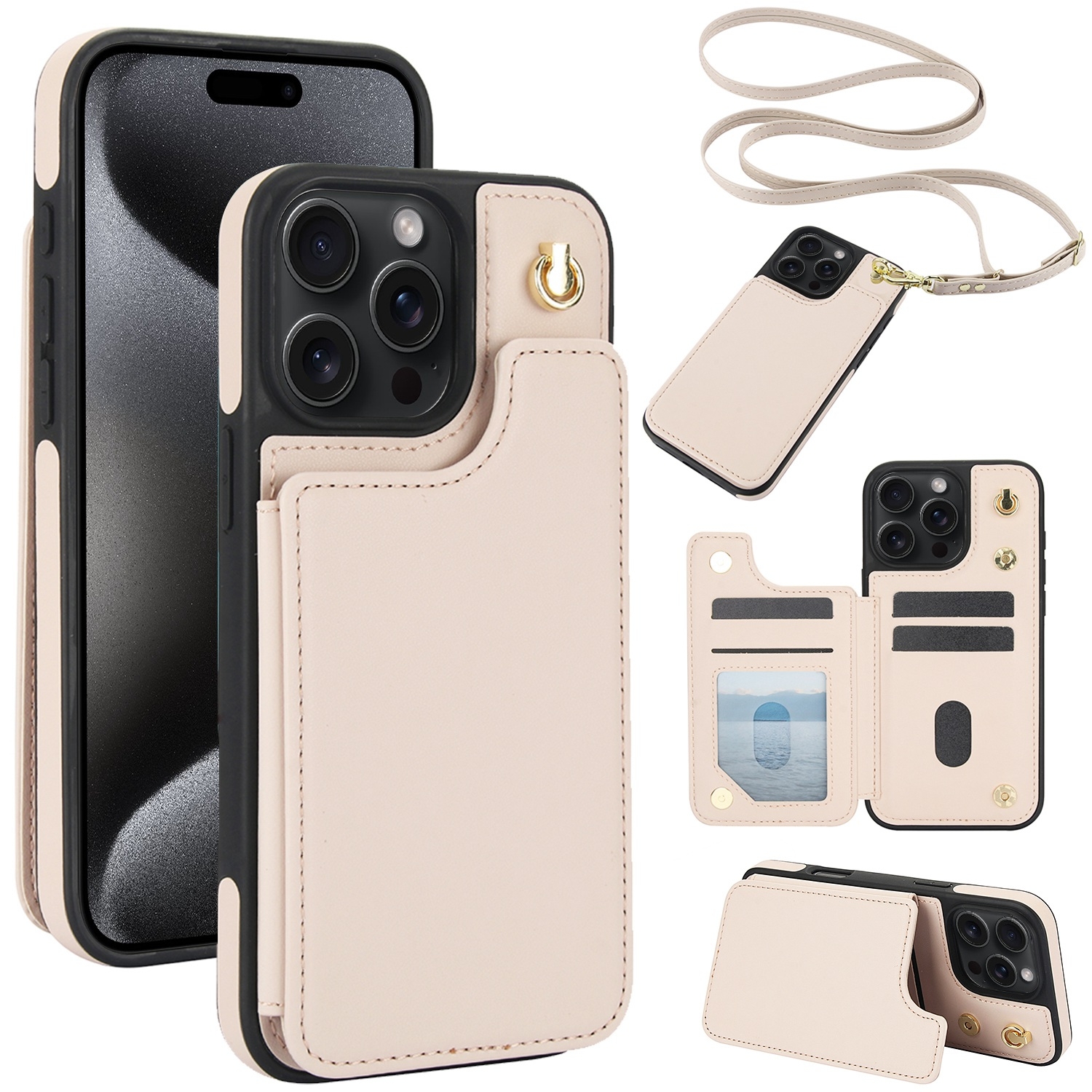For iPhone 15 Pro Crossbody Dual-Buckle Wallet Back Leather Phone Case(Apricot) - Shopkiz.com