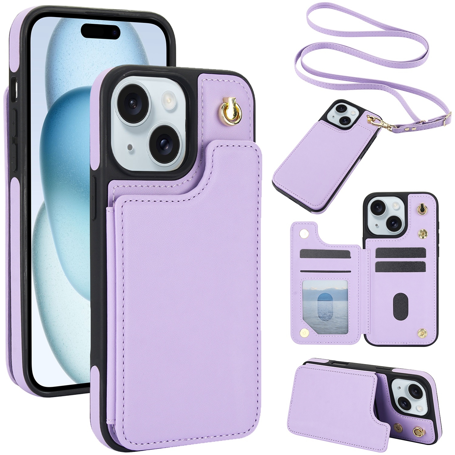 For iPhone 15 Crossbody Dual-Buckle Wallet Back Leather Phone Case(Light Purple) - Shopkiz.com