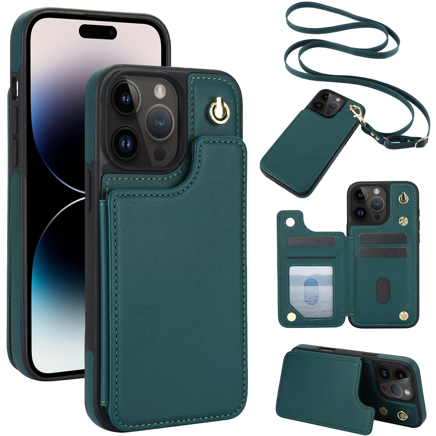 For iPhone 14 Pro Max Crossbody Dual-Buckle Wallet Back Leather Phone Case(Green) - Shopkiz.com