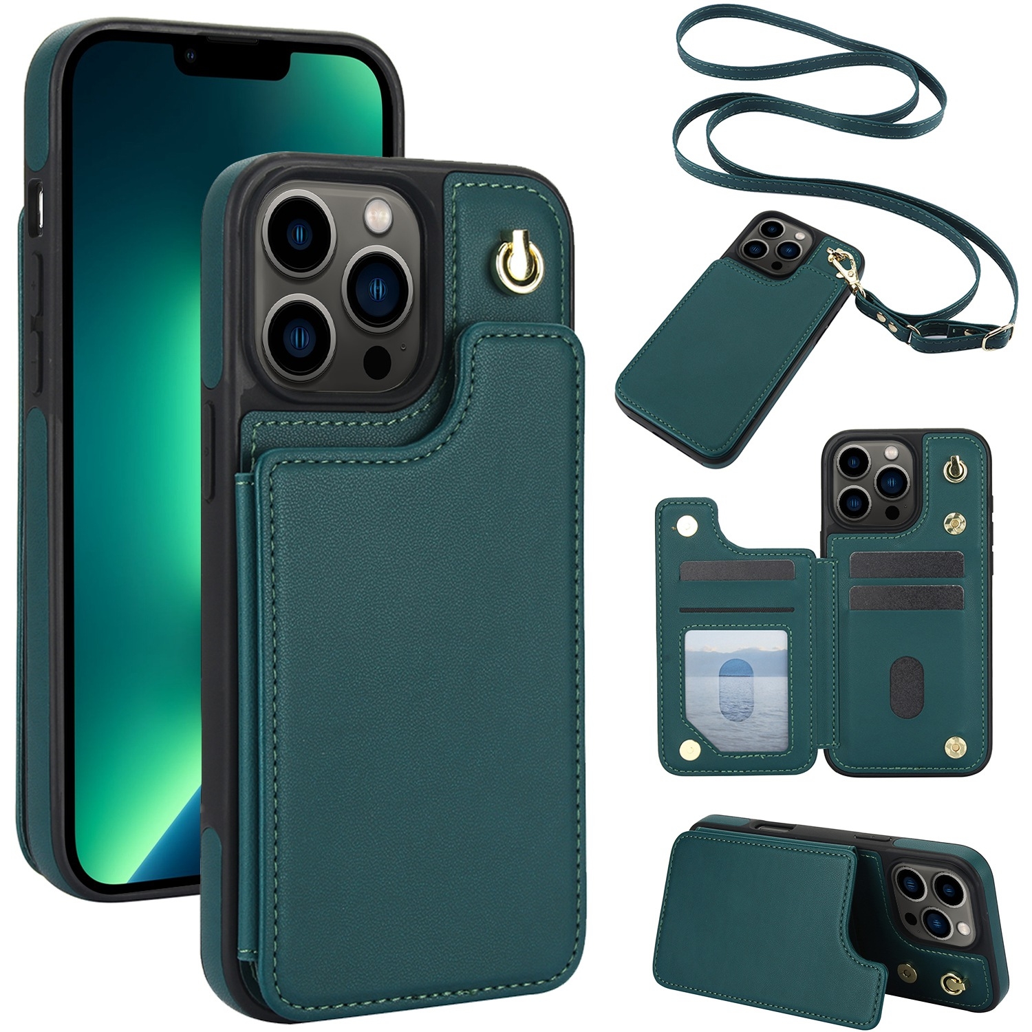 For iPhone 13 Pro Max Crossbody Dual-Buckle Wallet Back Leather Phone Case(Green) - Shopkiz.com