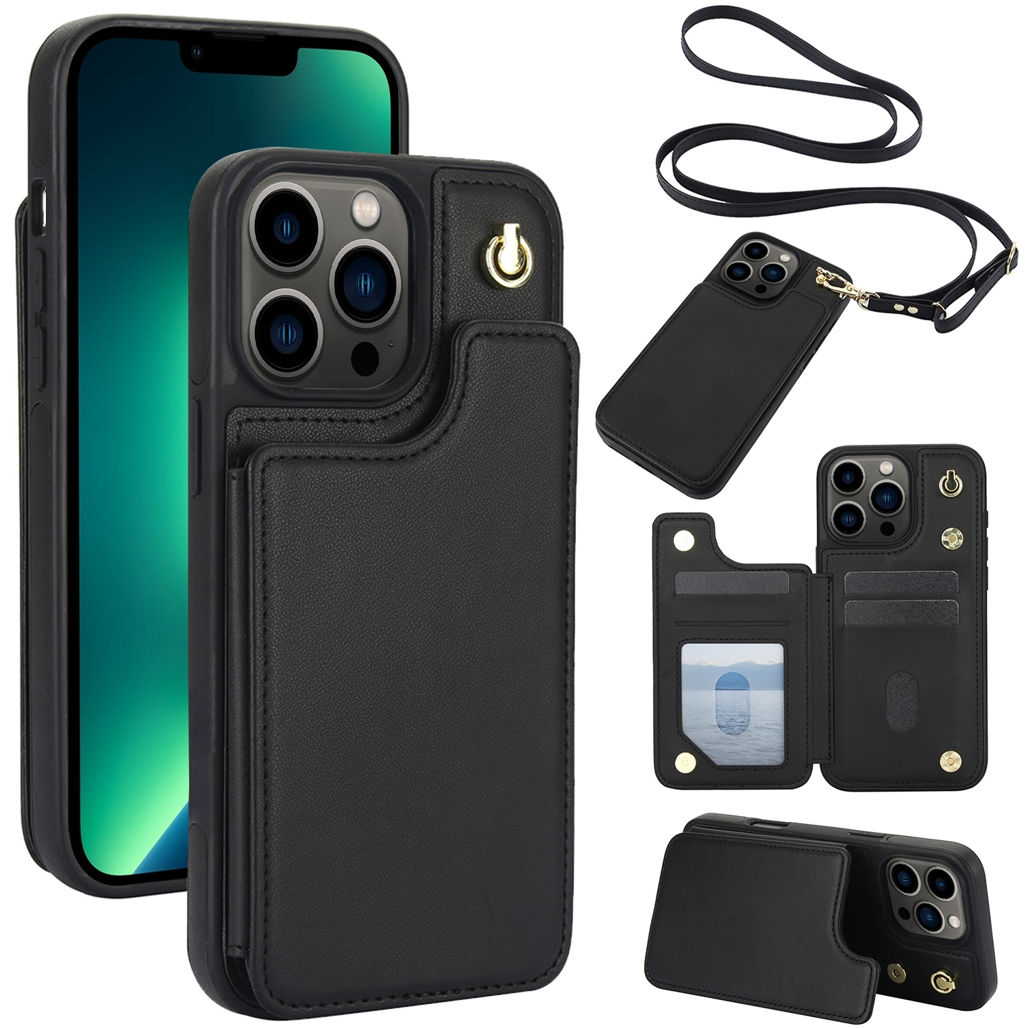 For iPhone 13 Pro Crossbody Dual-Buckle Wallet Back Leather Phone Case(Black) - Shopkiz.com