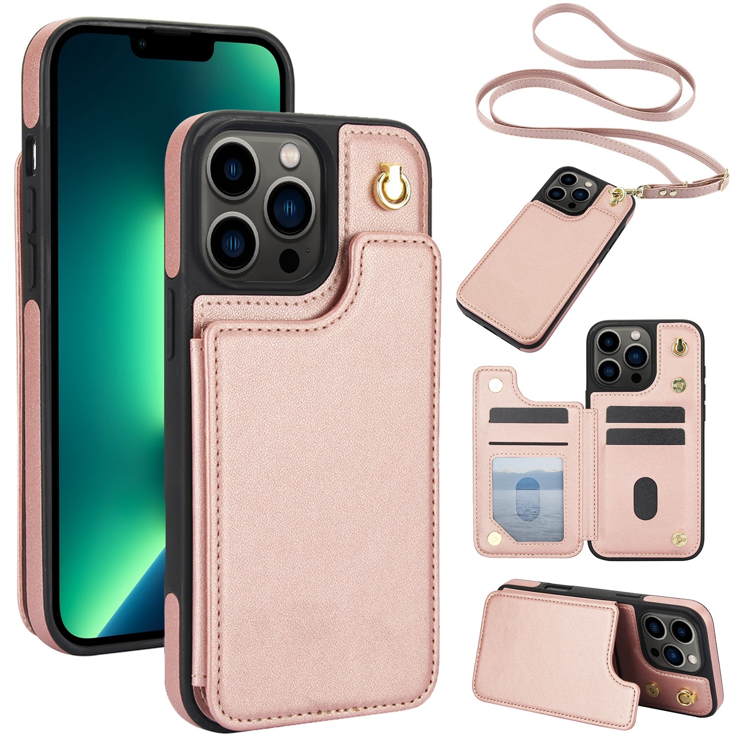 For iPhone 13 Pro Crossbody Dual-Buckle Wallet Back Leather Phone Case(Rose Gold) - Shopkiz.com