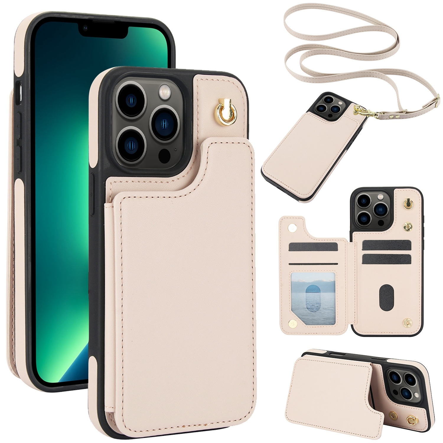 For iPhone 13 Pro Crossbody Dual-Buckle Wallet Back Leather Phone Case(Apricot) - Shopkiz.com