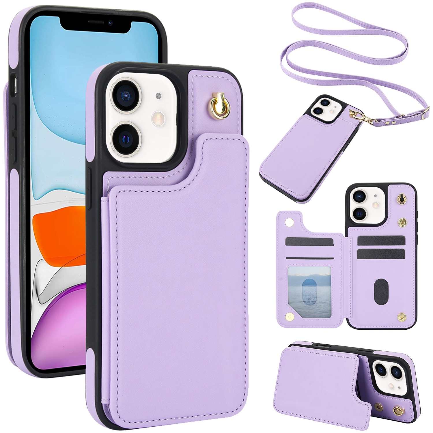 For iPhone 11 Crossbody Dual-Buckle Wallet Back Leather Phone Case(Light Purple) - Shopkiz.com