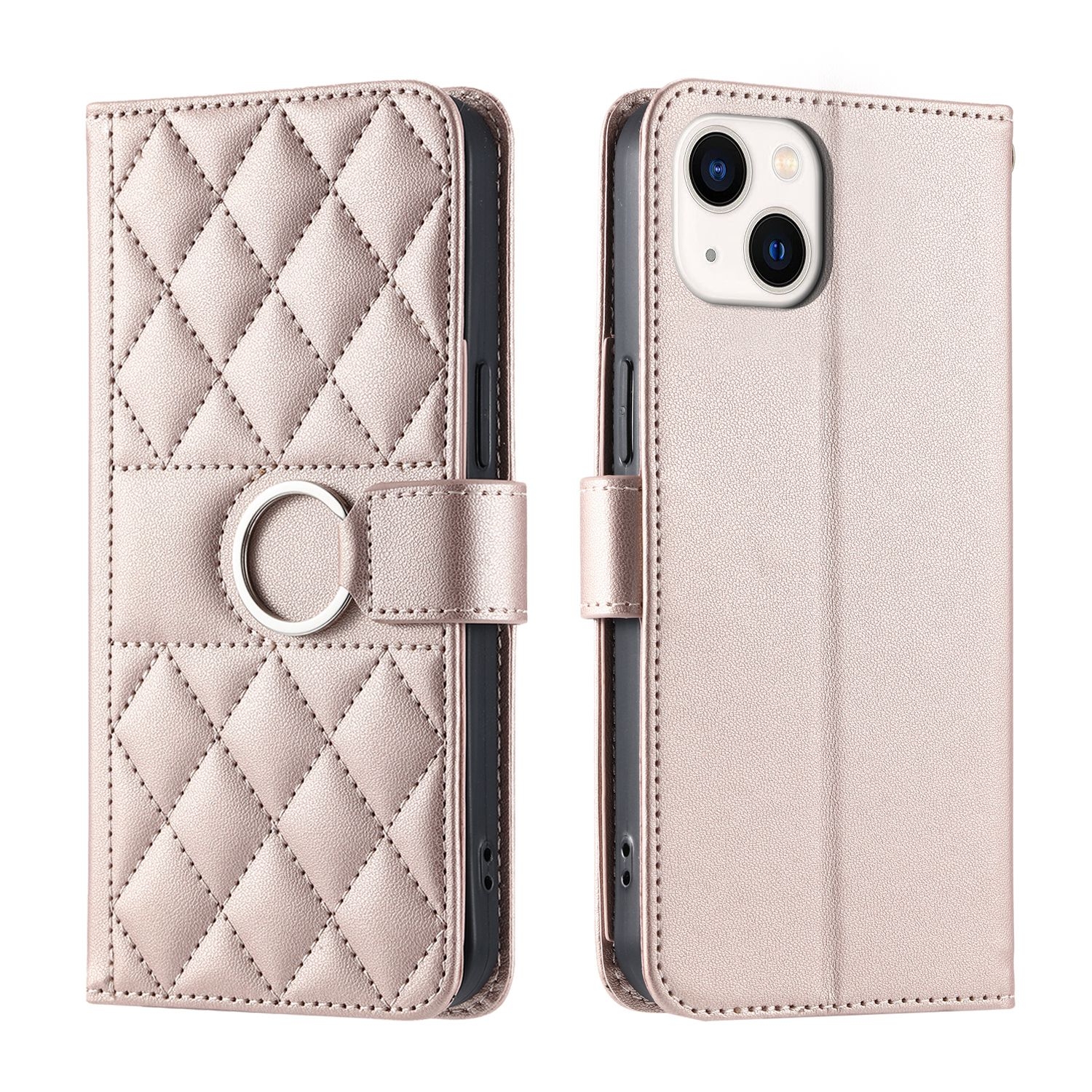 For iPhone 14 / 13 Ring Buckle Rhombic Leather Phone Case(Rose Gold) - Shopkiz.com