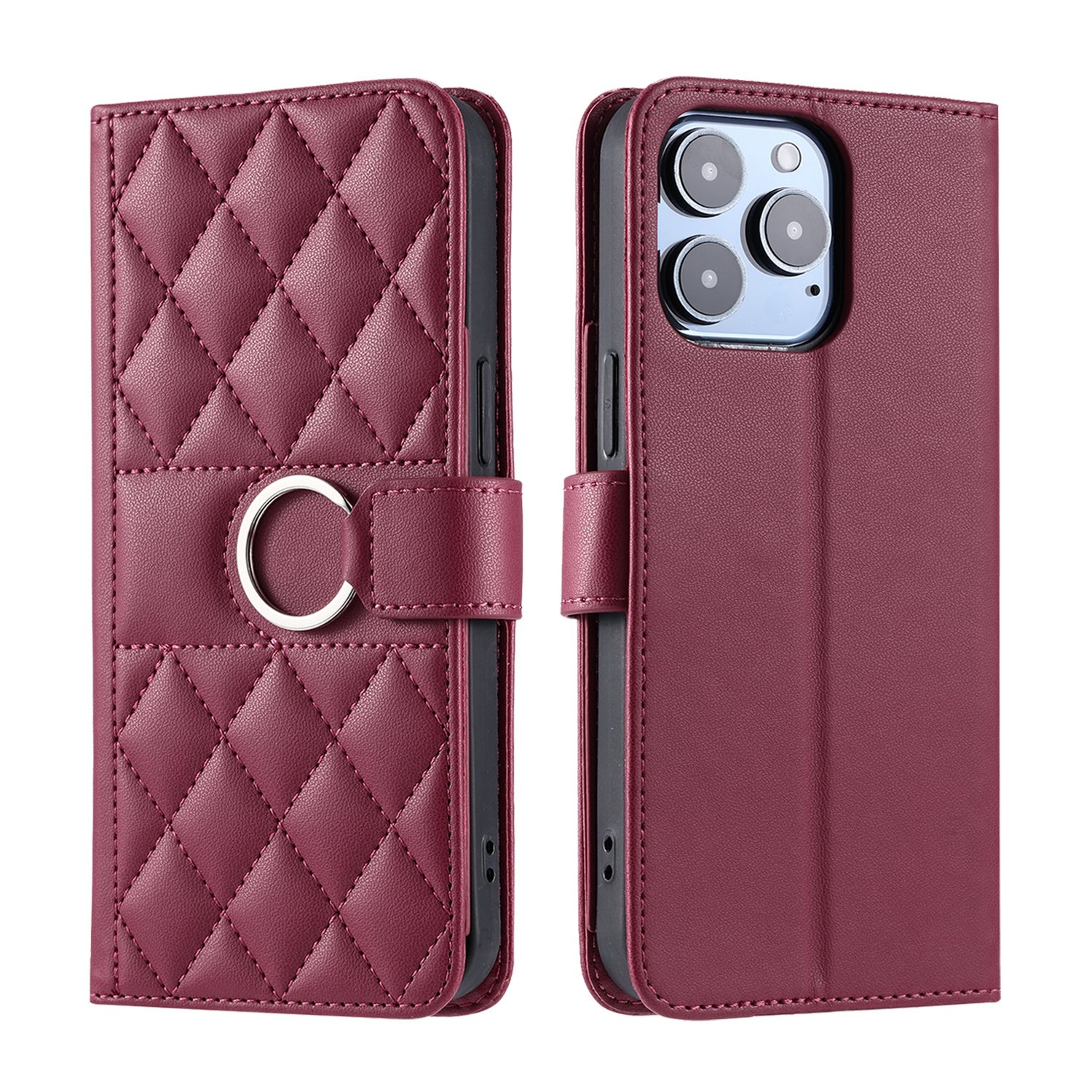 For iPhone 14 Pro Ring Buckle Rhombic Leather Phone Case(Red) - Shopkiz.com