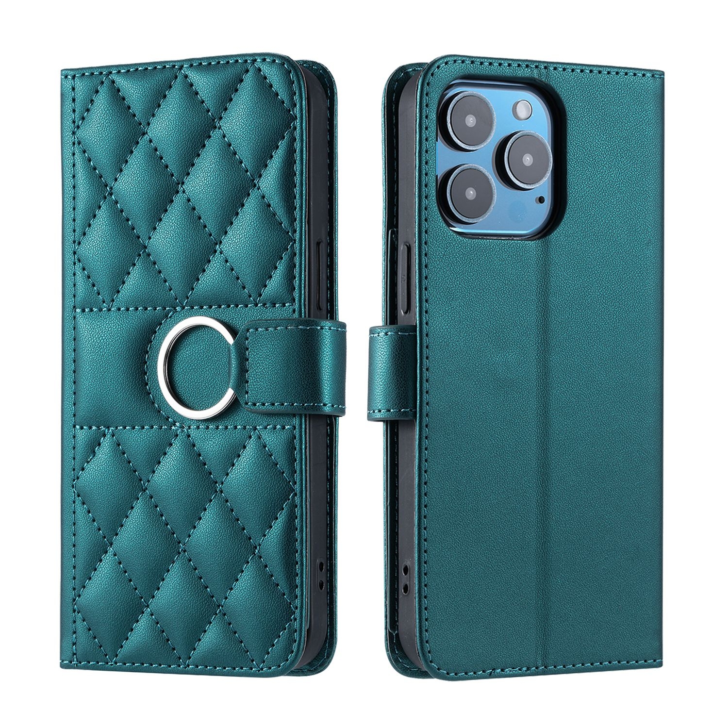 For iPhone 14 Pro Ring Buckle Rhombic Leather Phone Case(Green) - Shopkiz.com