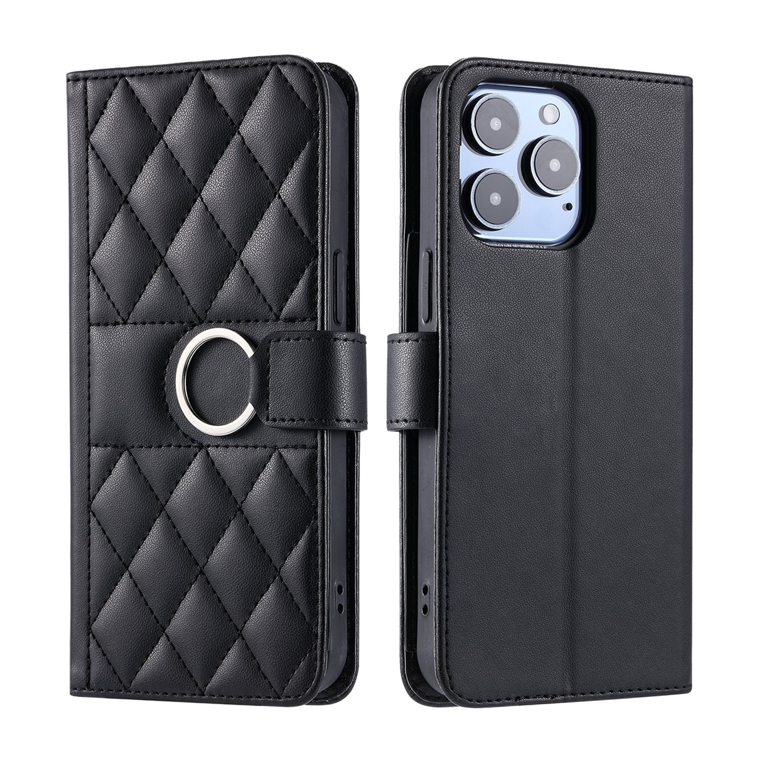 For iPhone 14 Pro Ring Buckle Rhombic Leather Phone Case(Black) - Shopkiz.com