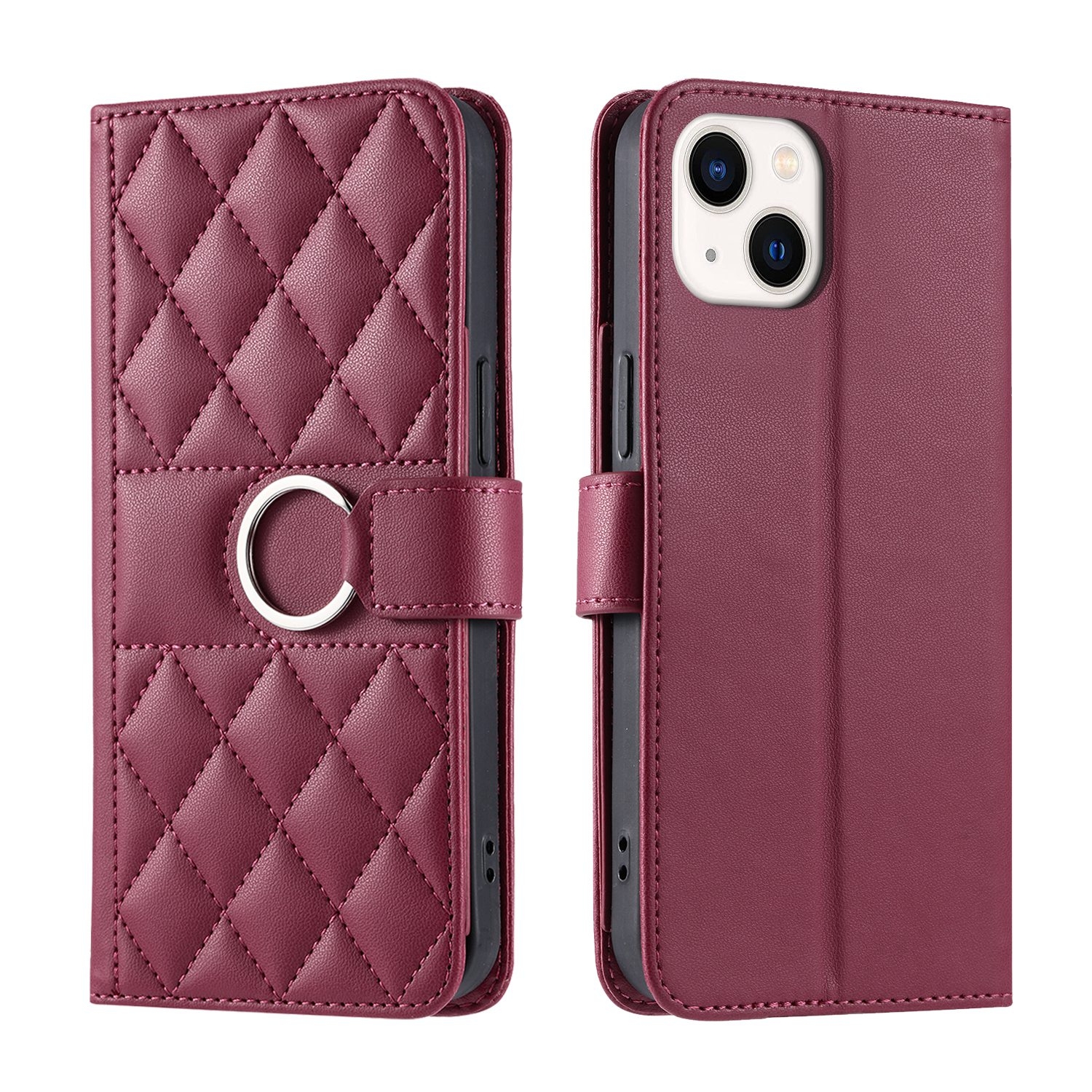 For iPhone 13 mini Ring Buckle Rhombic Leather Phone Case(Red) - Shopkiz.com