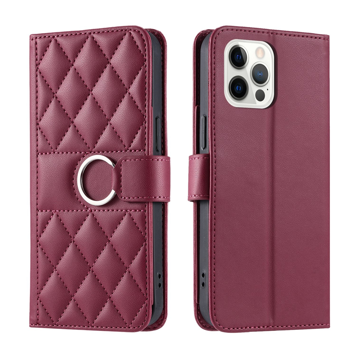 For iPhone 12 / 12 Pro Ring Buckle Rhombic Leather Phone Case(Red) - Shopkiz.com