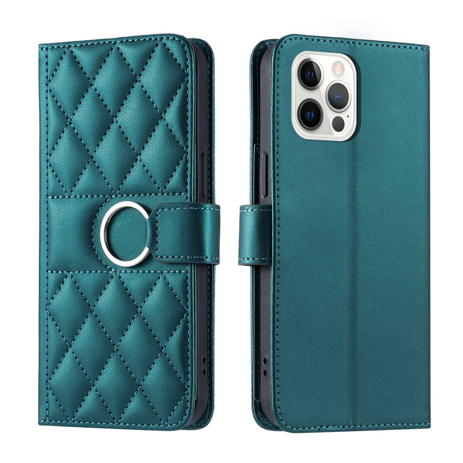 For iPhone 12 / 12 Pro Ring Buckle Rhombic Leather Phone Case(Green) - Shopkiz.com