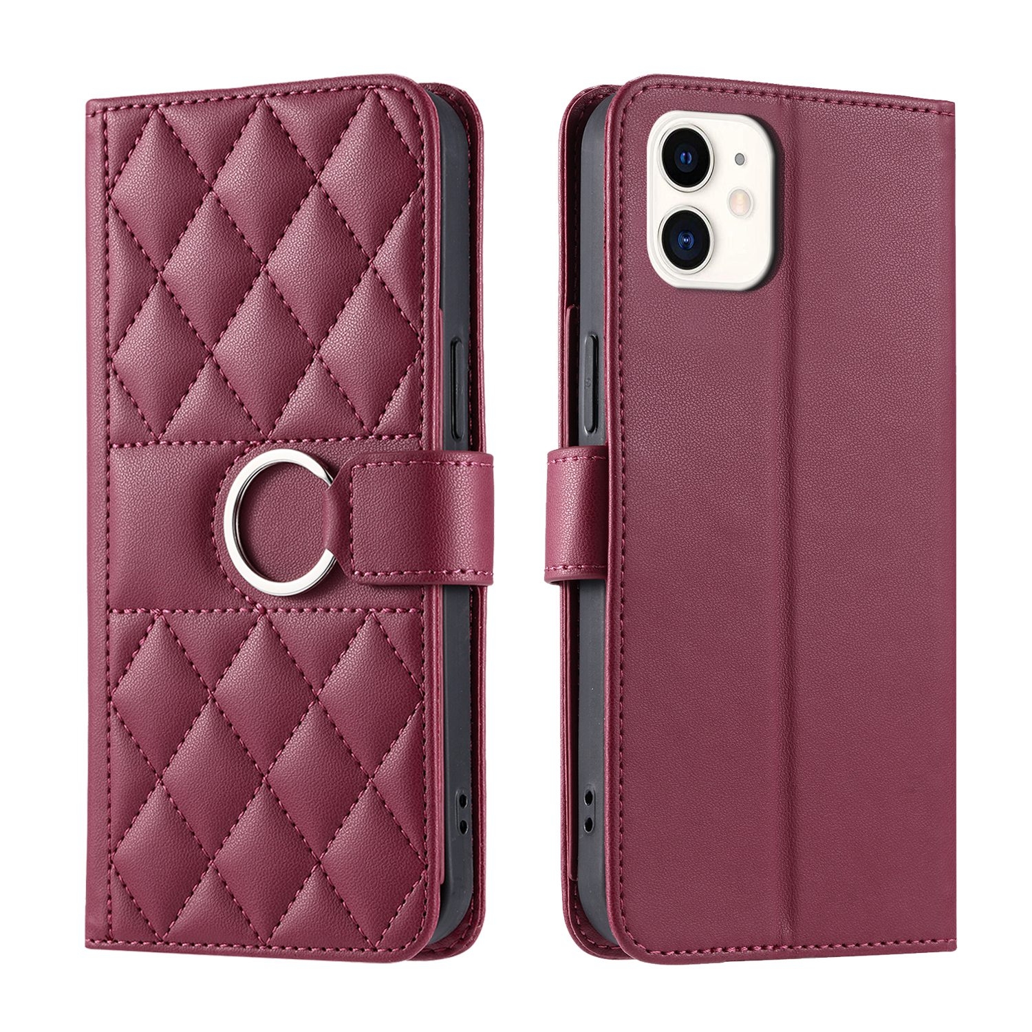 For iPhone 12 mini Ring Buckle Rhombic Leather Phone Case(Red) - Shopkiz.com