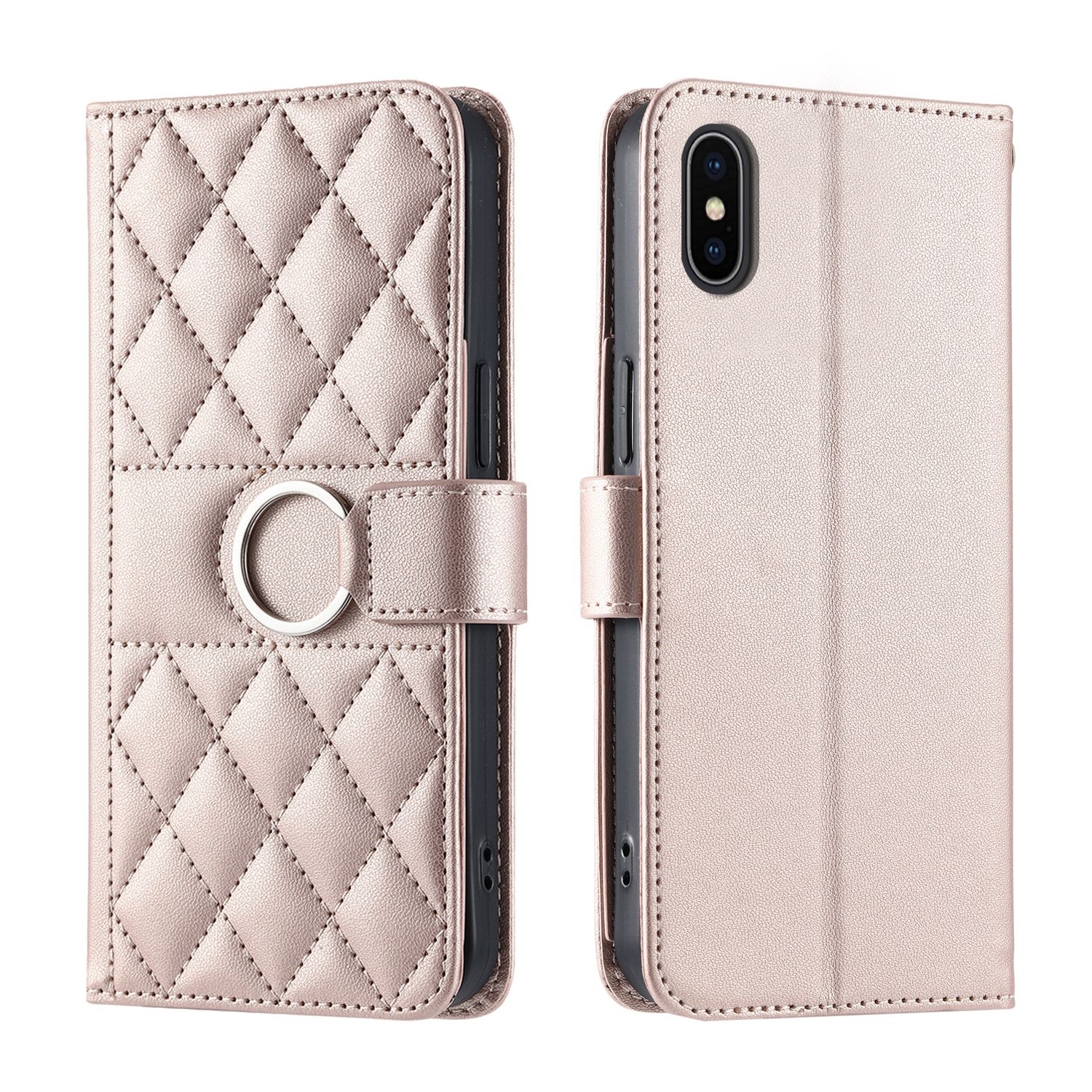 For iPhone X / XS Ring Buckle Rhombic Leather Phone Case(Rose Gold) - Shopkiz.com