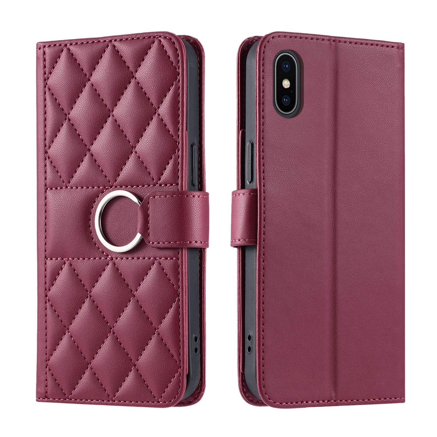 For iPhone XS Max Ring Buckle Rhombic Leather Phone Case(Red) - Shopkiz.com