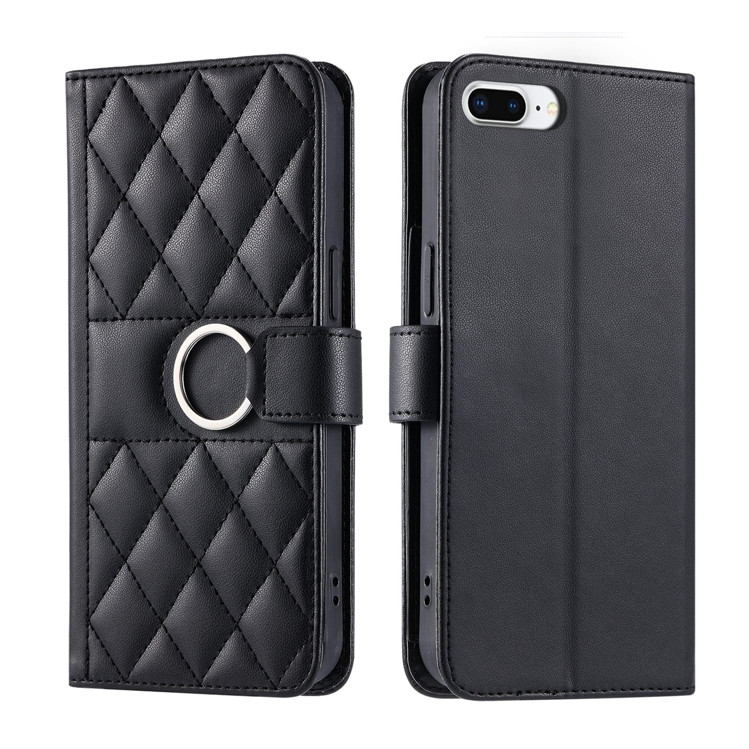 For iPhone 7 Plus / 8 Plus Ring Buckle Rhombic Leather Phone Case(Black) - Shopkiz.com
