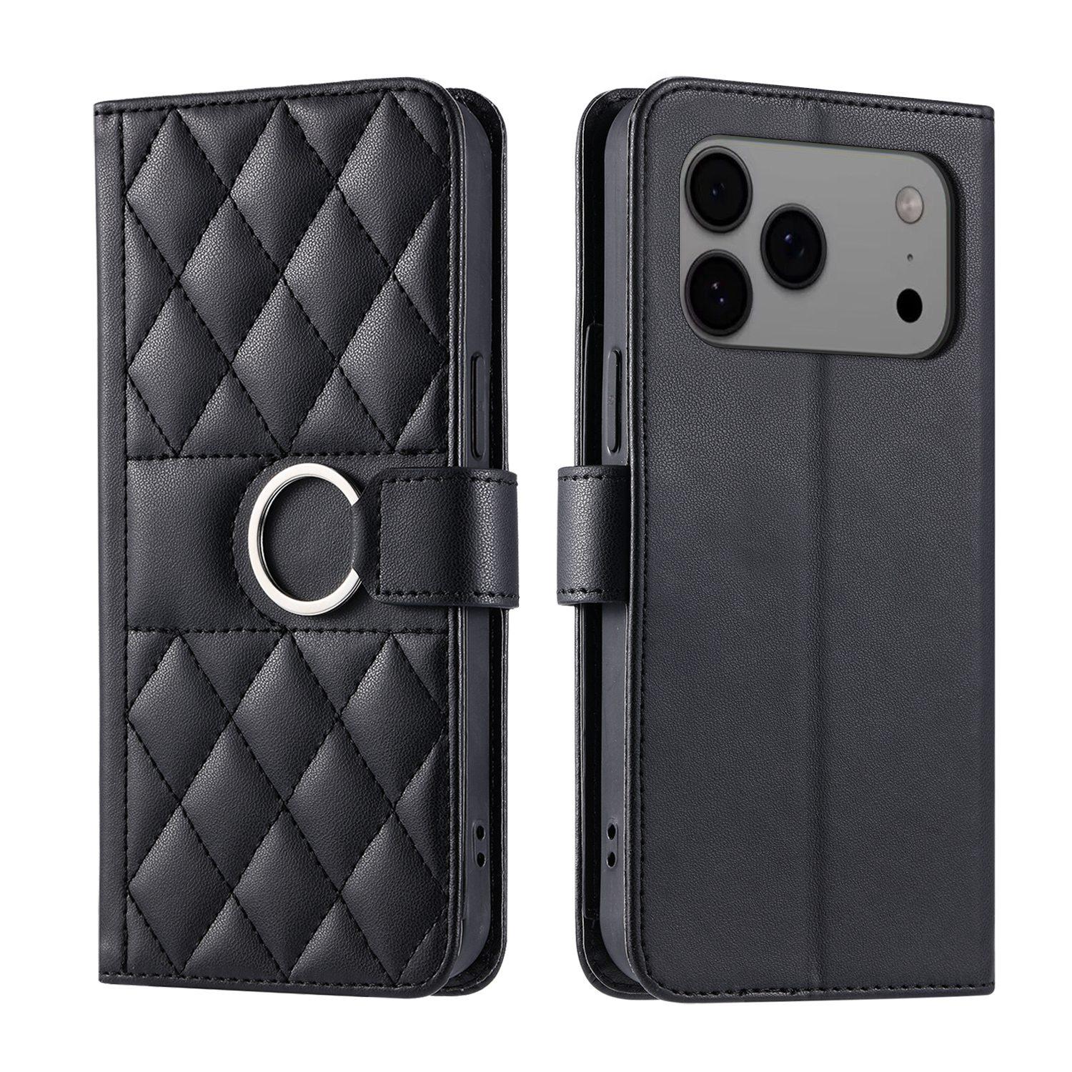 For iPhone 17 Pro Max Ring Buckle Rhombic Leather Phone Case(Black) - Shopkiz.com