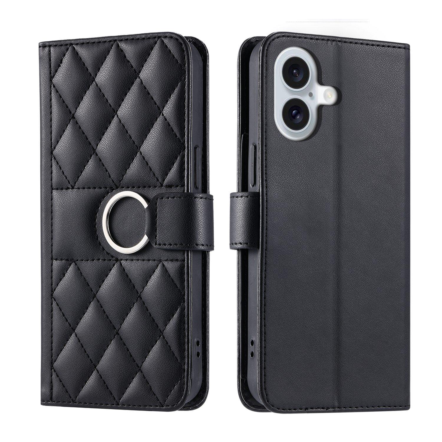 For iPhone 17 Ring Buckle Rhombic Leather Phone Case(Black) - Shopkiz.com