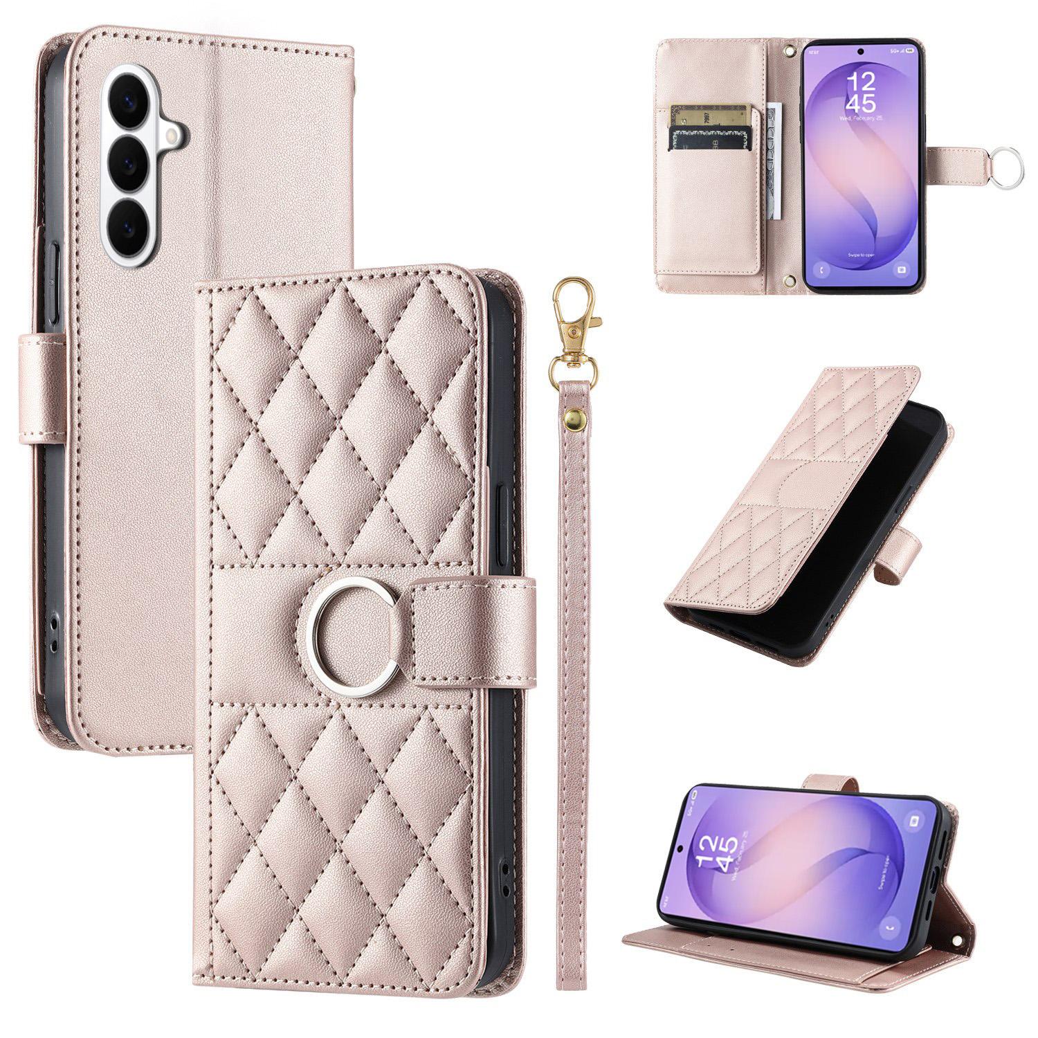 For Galaxy S26+ 5G Ring Buckle Rhombic Leather Phone Case(Rose Gold) - Shopkiz.com
