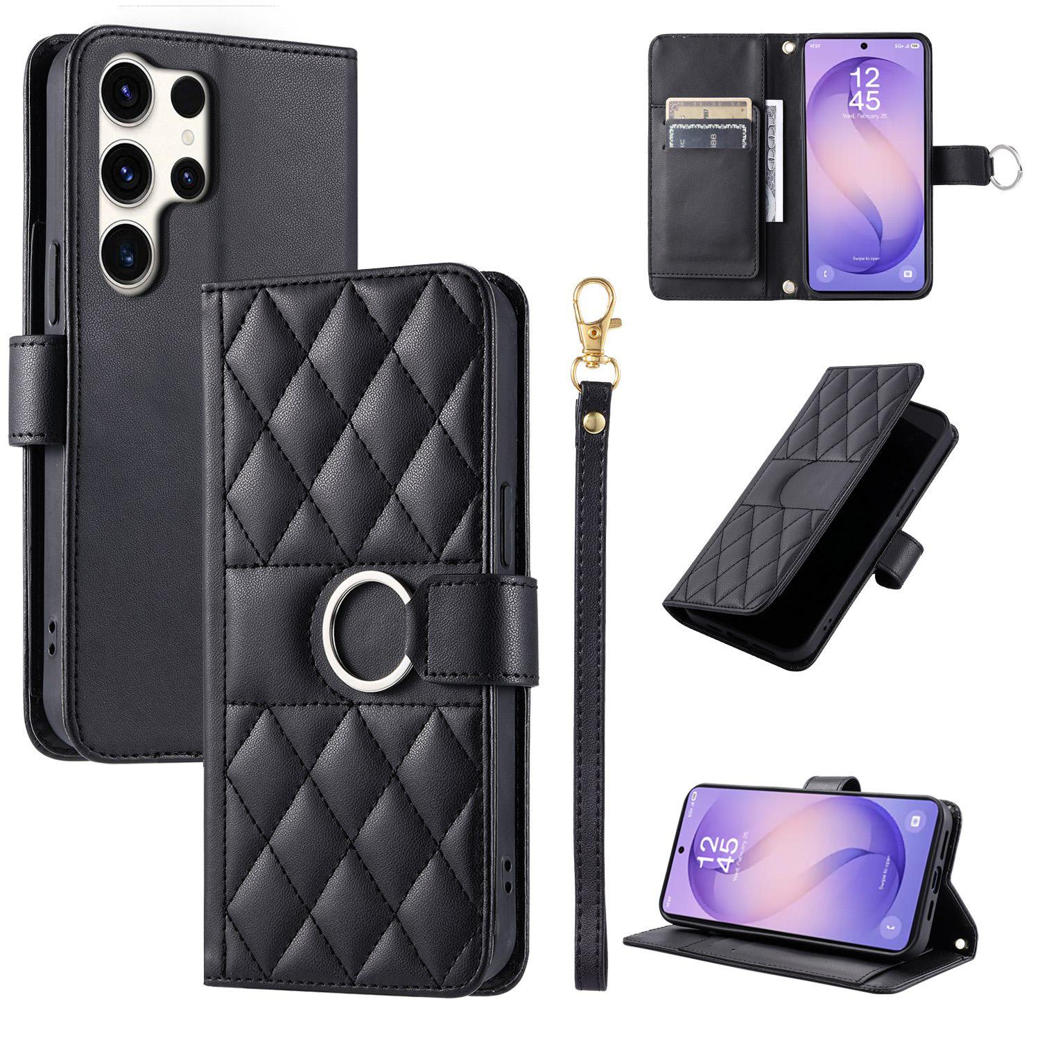 For Galaxy S26 Ultra 5G Ring Buckle Rhombic Leather Phone Case(Black) - Shopkiz.com