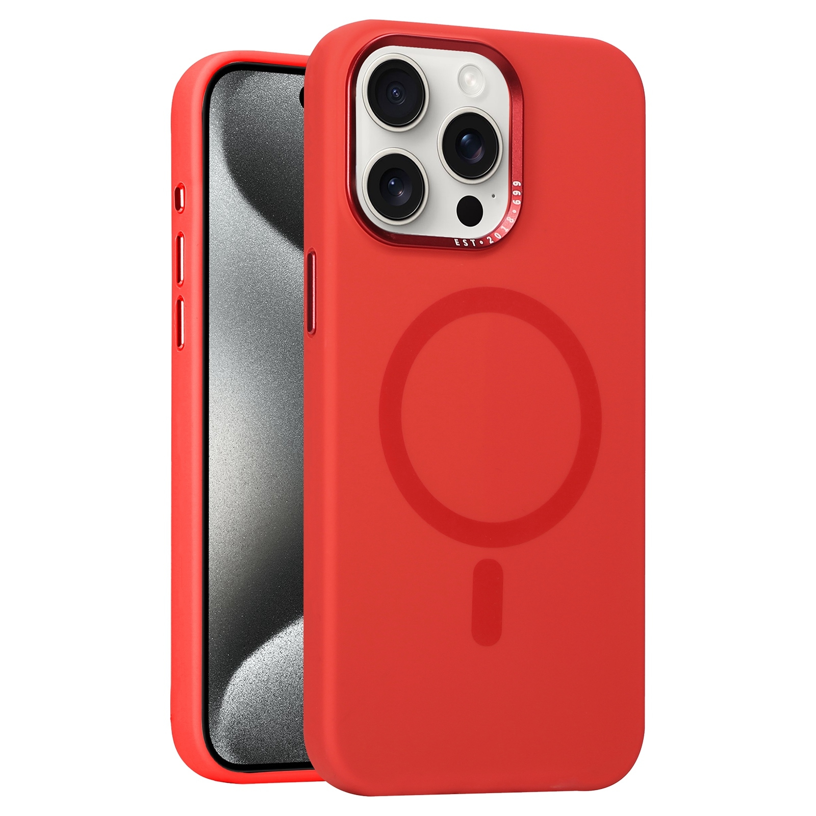 For iPhone 15 Pro Metal Lens Frame Liquid Silicone MagSafe Phone Case(Red) - Shopkiz.com