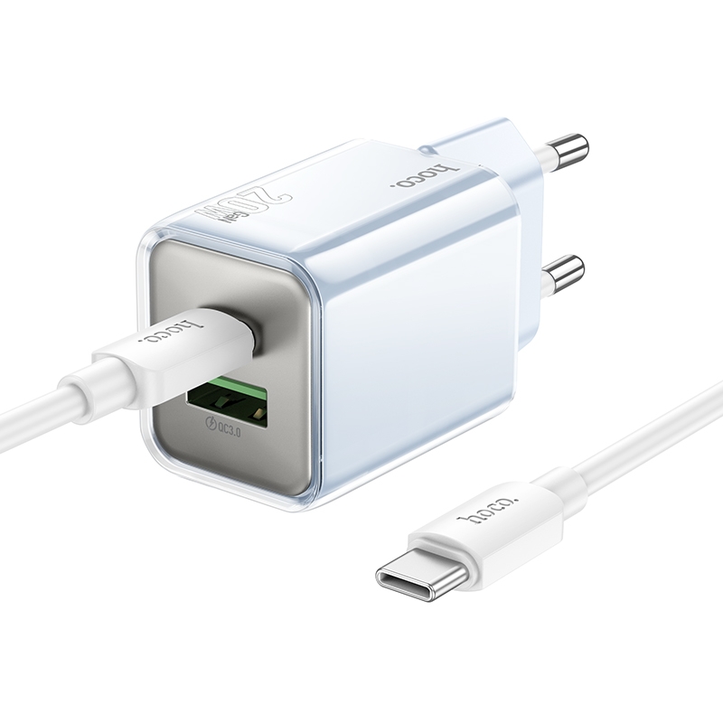hoco N46 Glorious PD20W and QC3.0 Charger Set with 1m Type-C to Type-C Charging Cable, EU Plug(Blue) - Shopkiz.com