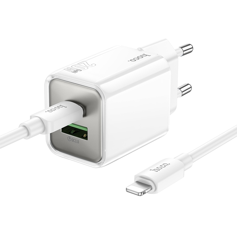 hoco N46 Glorious PD20W and QC3.0 Charger Set with 1m Type-C to 8 Pin Charging Cable, EU Plug(White) - Shopkiz.com