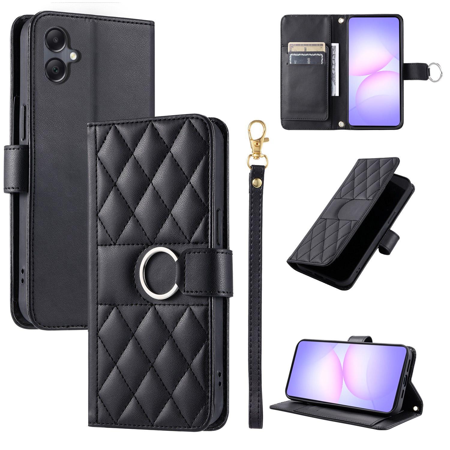 For Galaxy A08 / A07 4G / 5G Ring Buckle Rhombic Leather Phone Case(Black) - Shopkiz.com