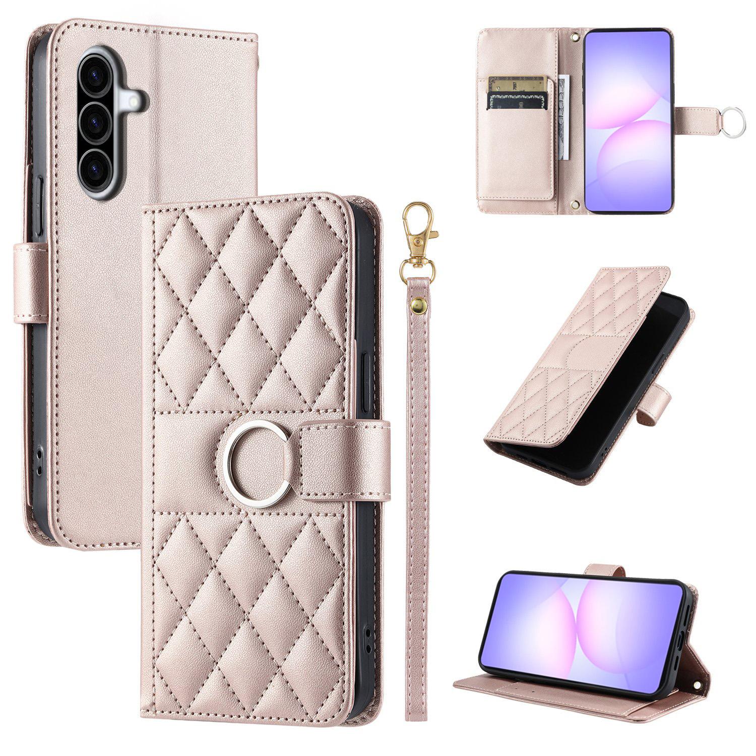 For Galaxy A57 5G Ring Buckle Rhombic Leather Phone Case(Rose Gold) - Shopkiz.com