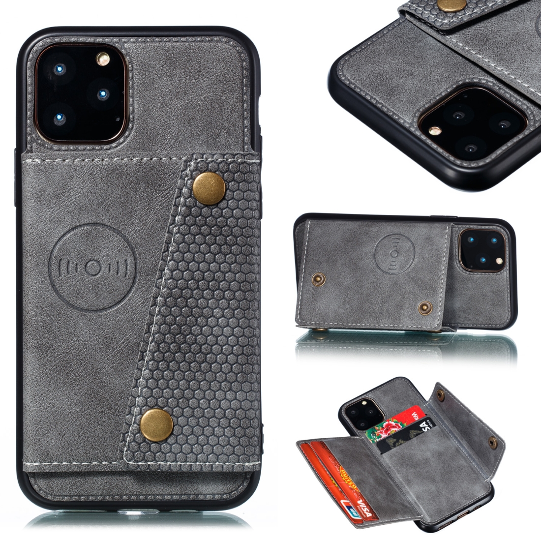 For iPhone 12 Pro Max Leather Protective Case with Holder & Card Slots(Grey) - Shopkiz.com