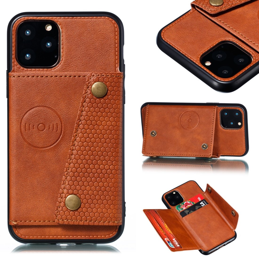 For iPhone 12 Pro Max Leather Protective Case with Holder & Card Slots(Light Brown) - Shopkiz.com
