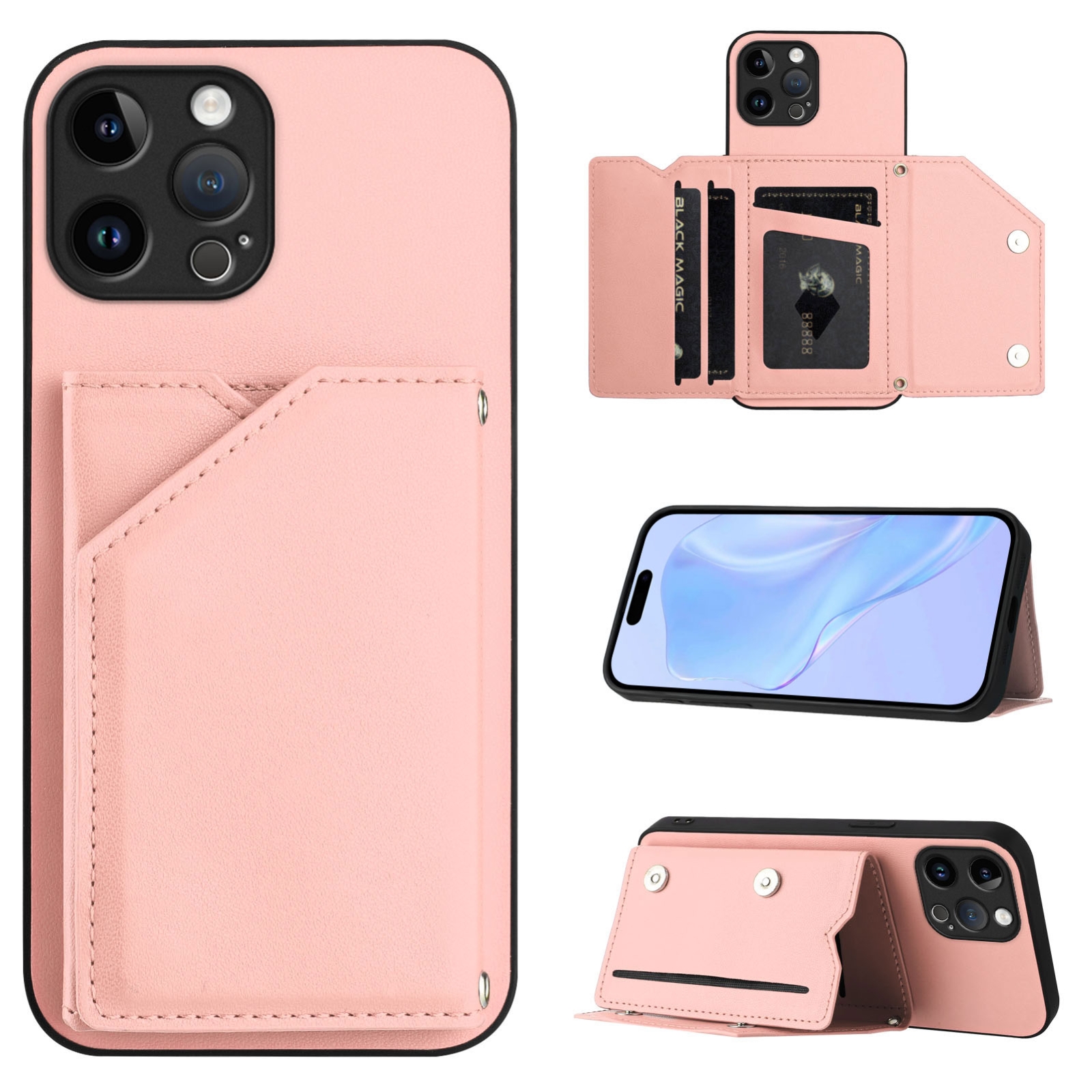 For iPhone 12 Pro Max Skin Feel Four Card Slots Phone Case with Wrist Strap(Pink) - Shopkiz.com