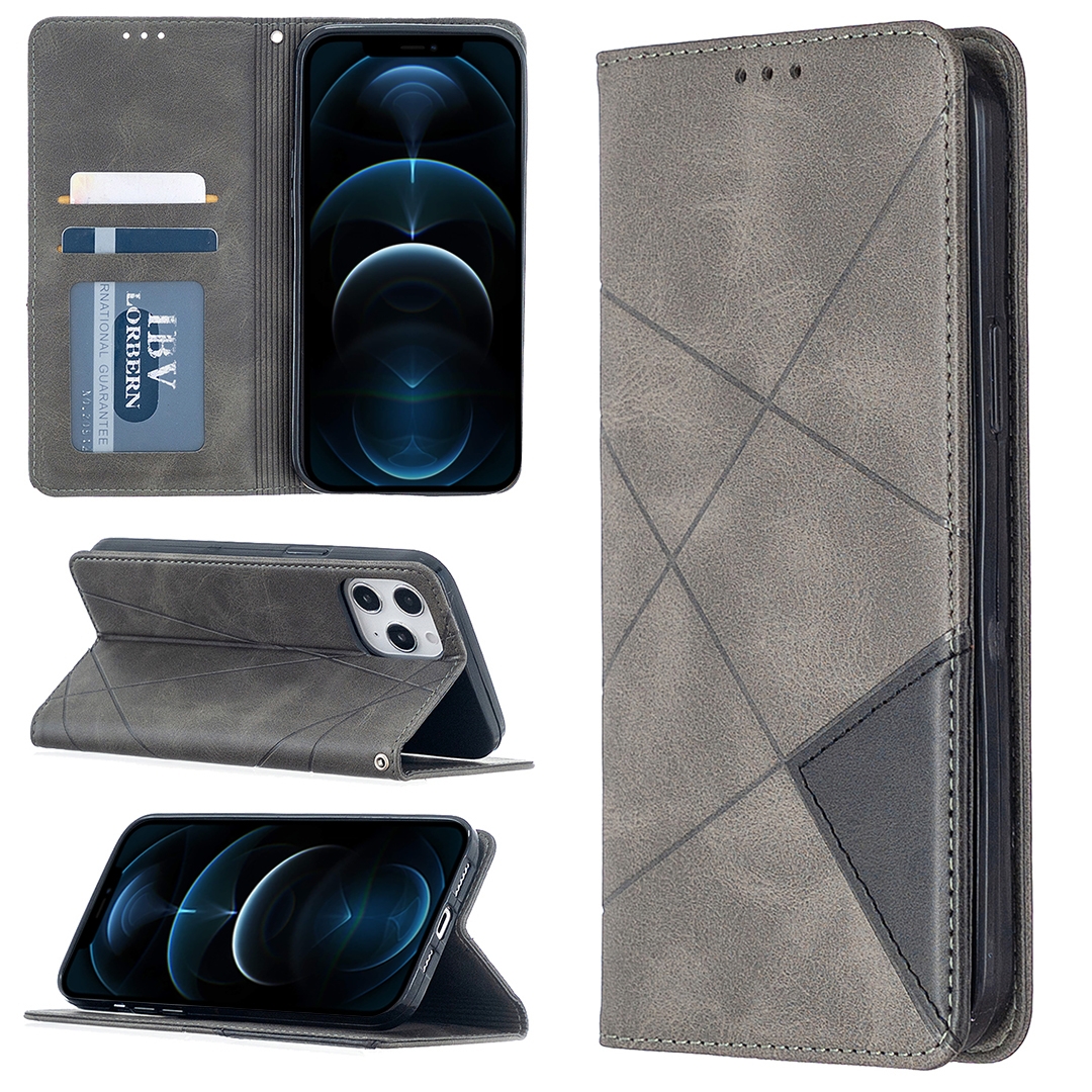 For iPhone 12 Pro Max Rhombus Texture Horizontal Flip Magnetic Leather Case with Holder & Card Slots(Grey) - Shopkiz.com