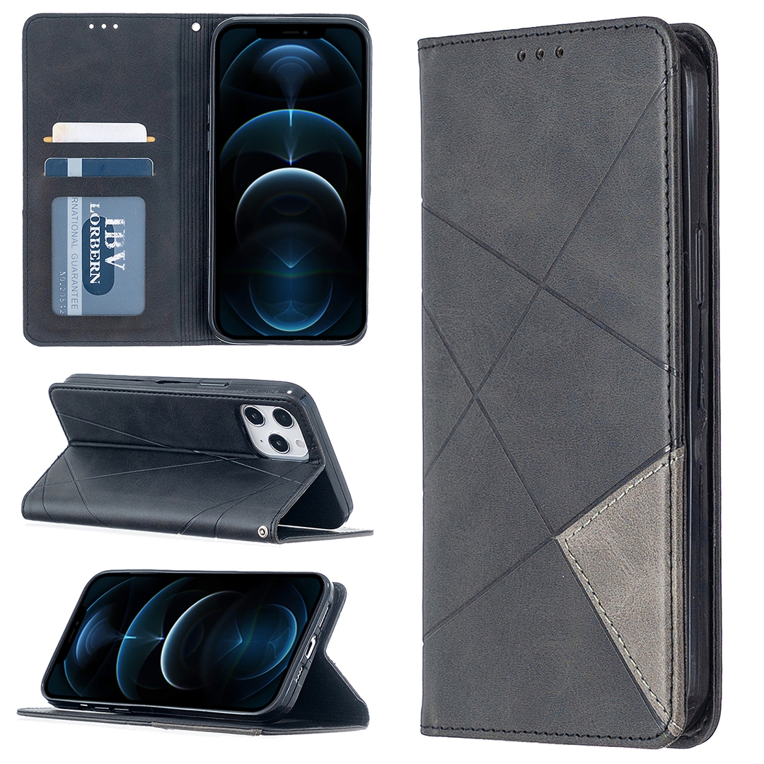 For iPhone 12 Pro Max Rhombus Texture Horizontal Flip Magnetic Leather Case with Holder & Card Slots(Black) - Shopkiz.com