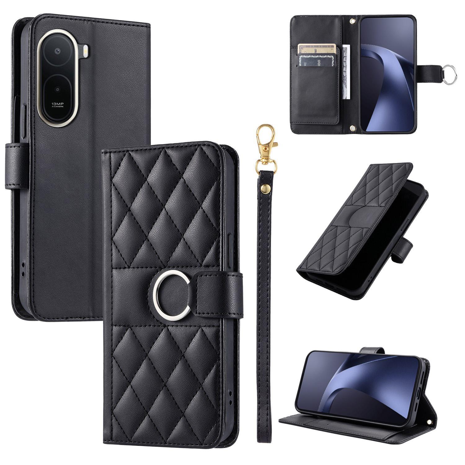 For Redmi A7 Pro 4G / 5G / Poco C81 Ring Buckle Rhombic Leather Phone Case(Black) - Shopkiz.com