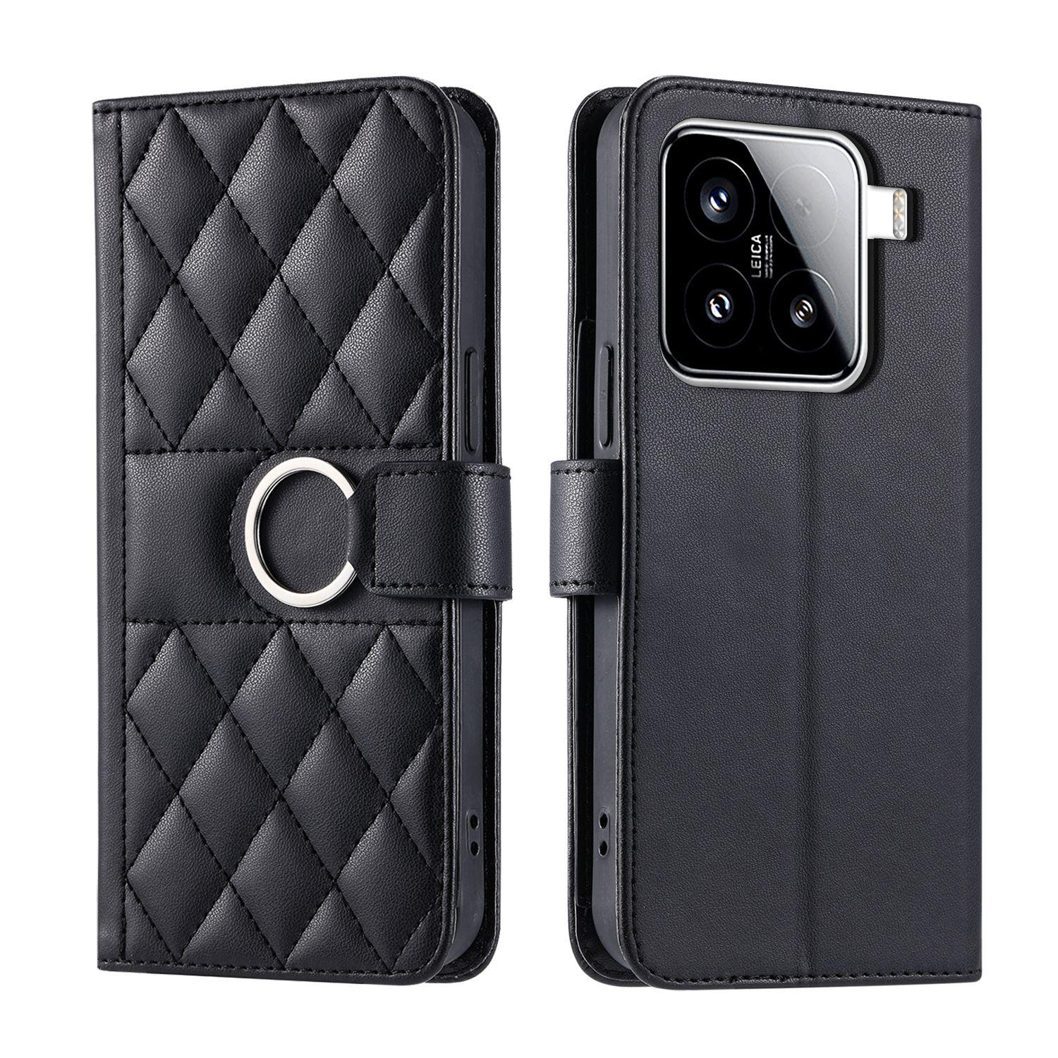 For Xiaomi 15 Ring Buckle Rhombic Leather Phone Case(Black) - Shopkiz.com